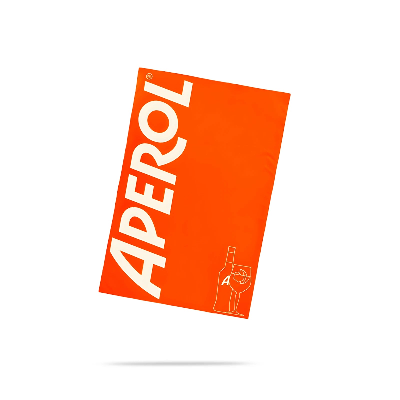 Bright orange microfiber towel featuring the Aperol logo in large white letters and a minimalist illustration of a bottle and glass in the corner