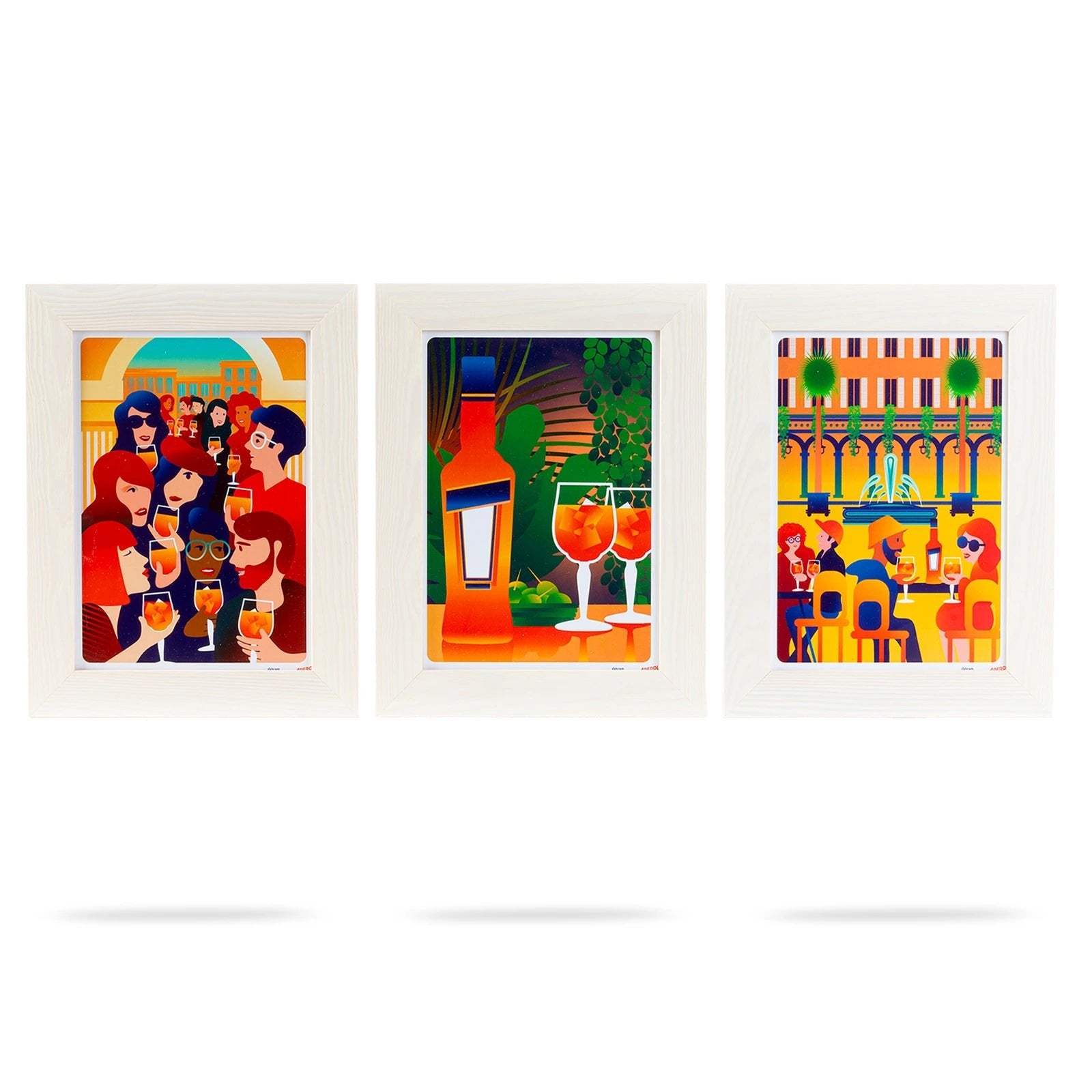 Set of three colorful Aperol Spritz posters in retro illustration style. The first shows people toasting with Aperol glasses, the second features a bottle and two glasses in a tropical setting, and the third depicts a lively Mediterranean terrace with a fountain.