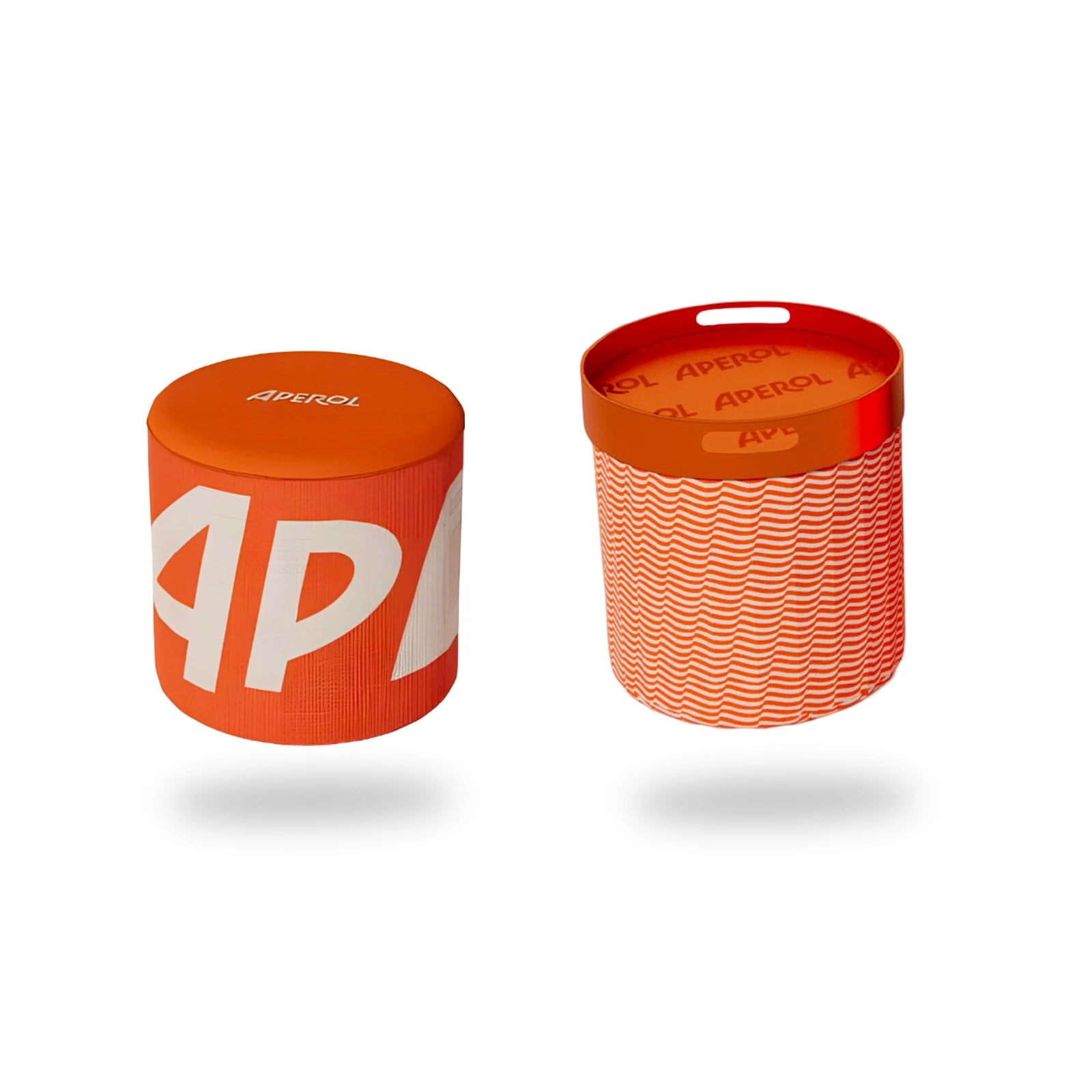 Set of two Aperol-branded orange poufs with removable tray, combining seating and storage use