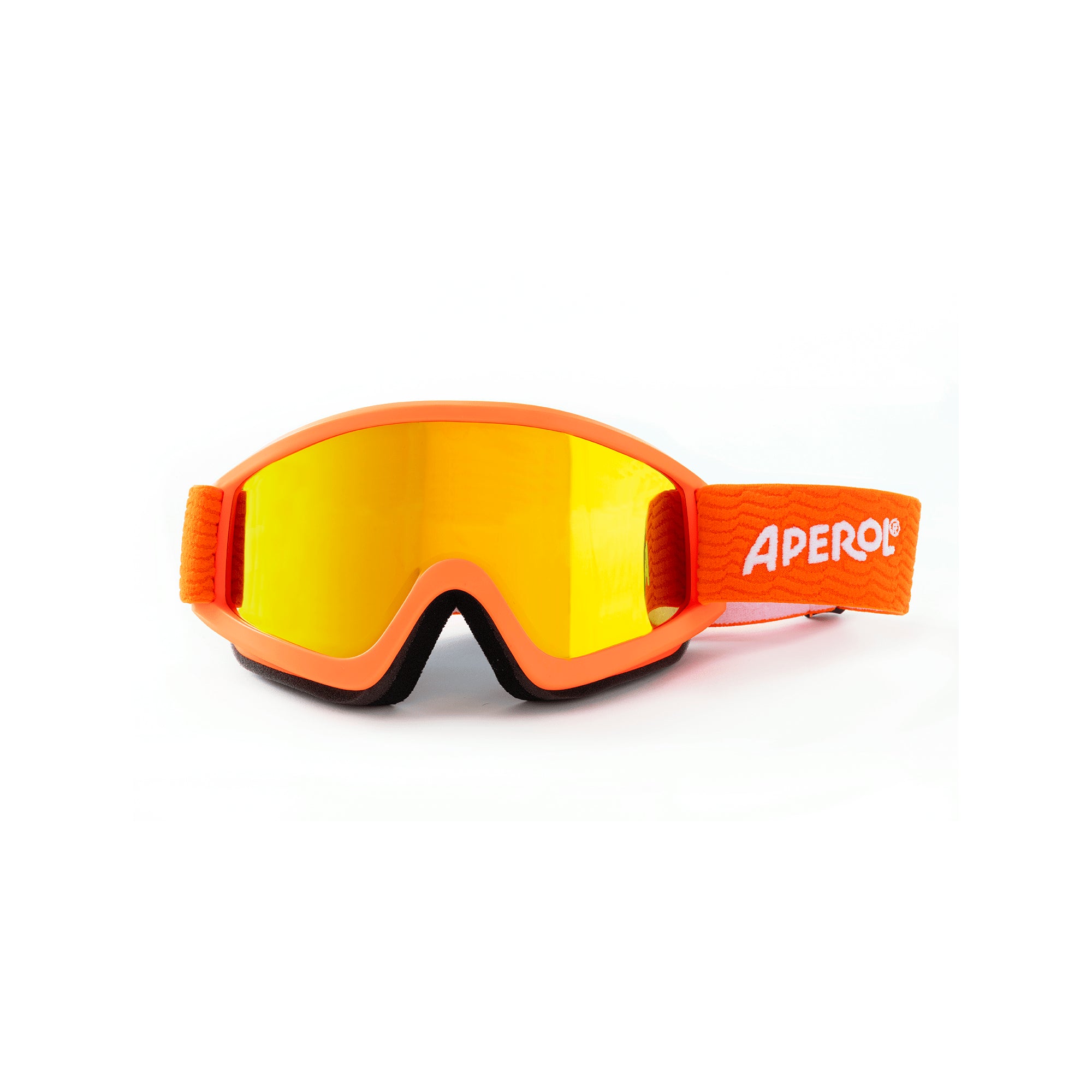 Orange Aperol-branded ski goggles with reflective yellow lenses and a bold textured strap featuring the Aperol logo in white.