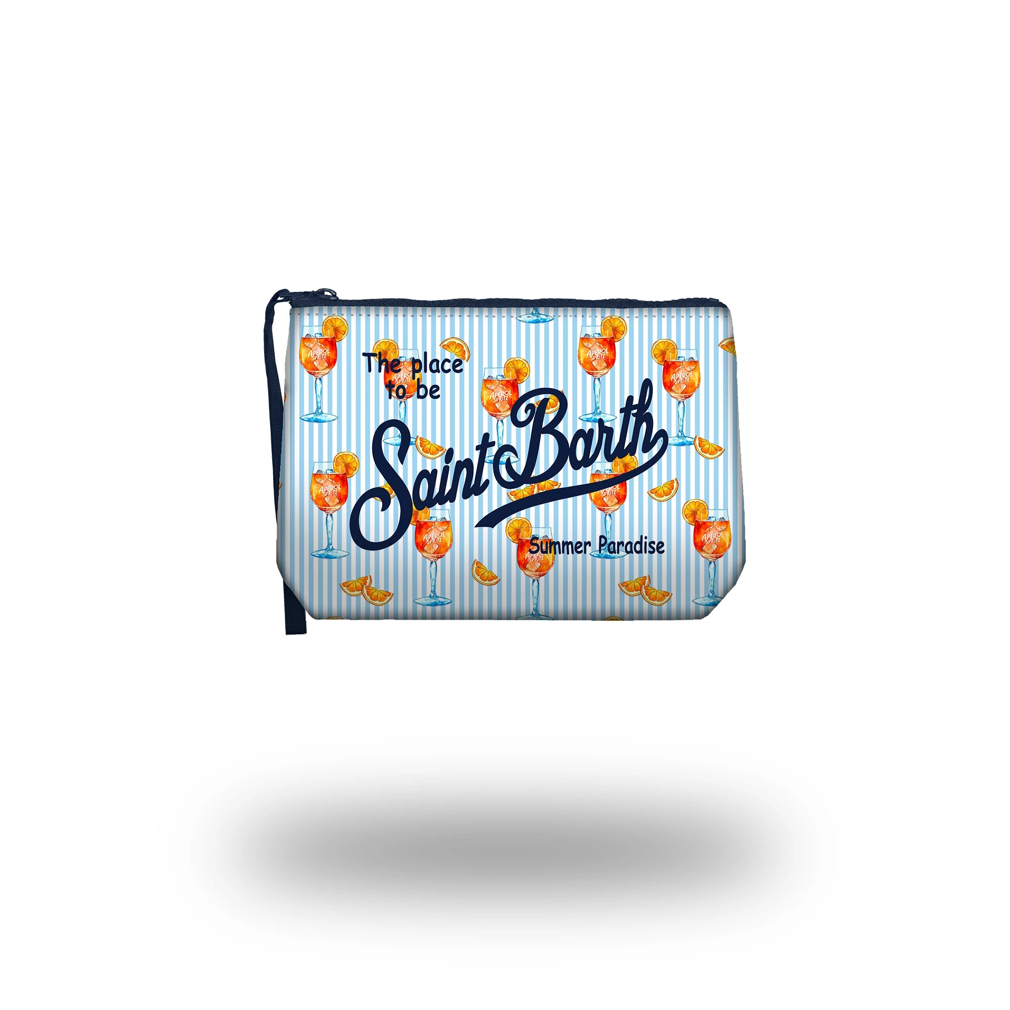 Blue and white striped Saint Barth pouch featuring Aperol Spritz and orange slice illustrations with the text “The place to be – Saint Barth – Summer Paradise.