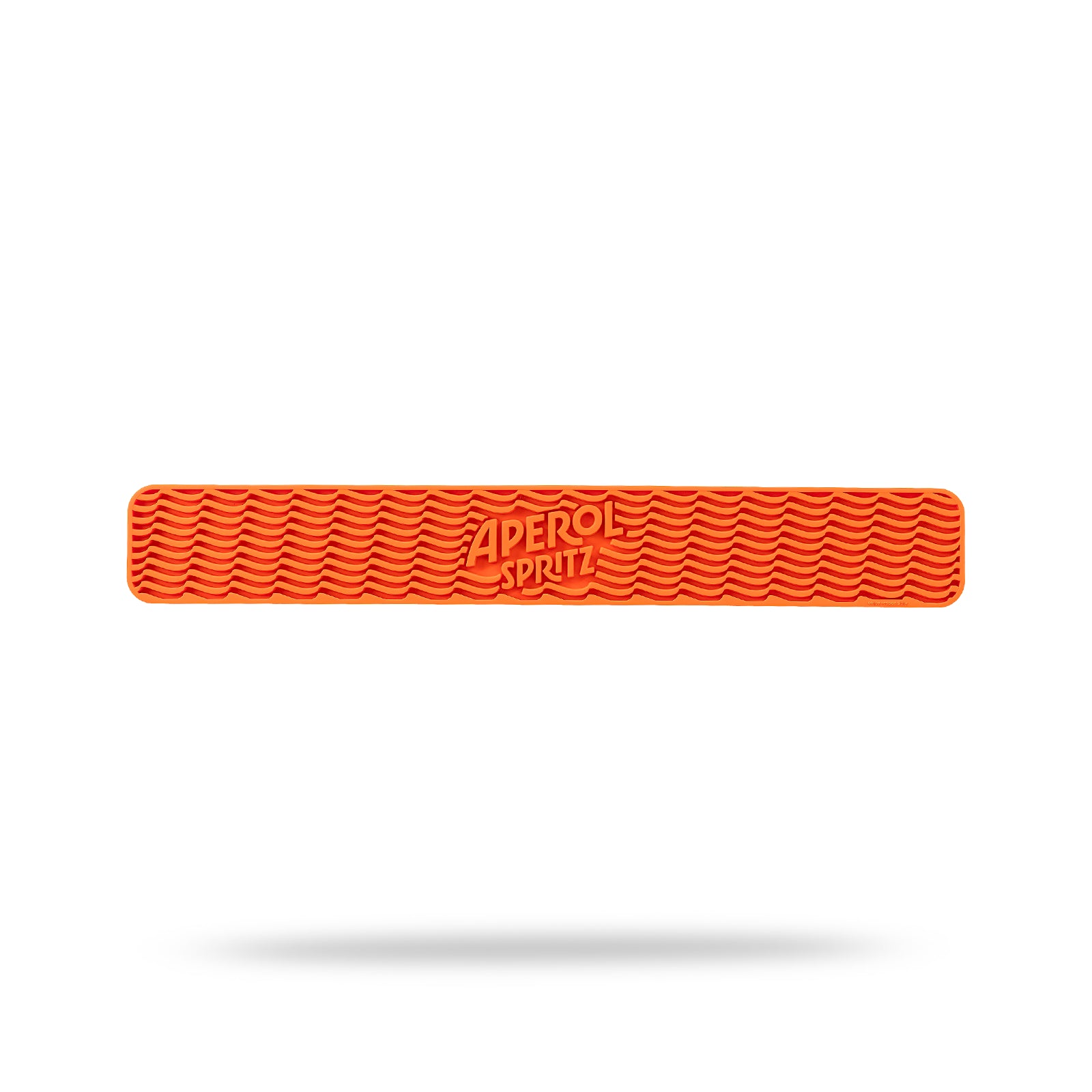Full-length orange PVC bar mat with embossed Aperol Spritz logo in the center and wave pattern texture, on white background