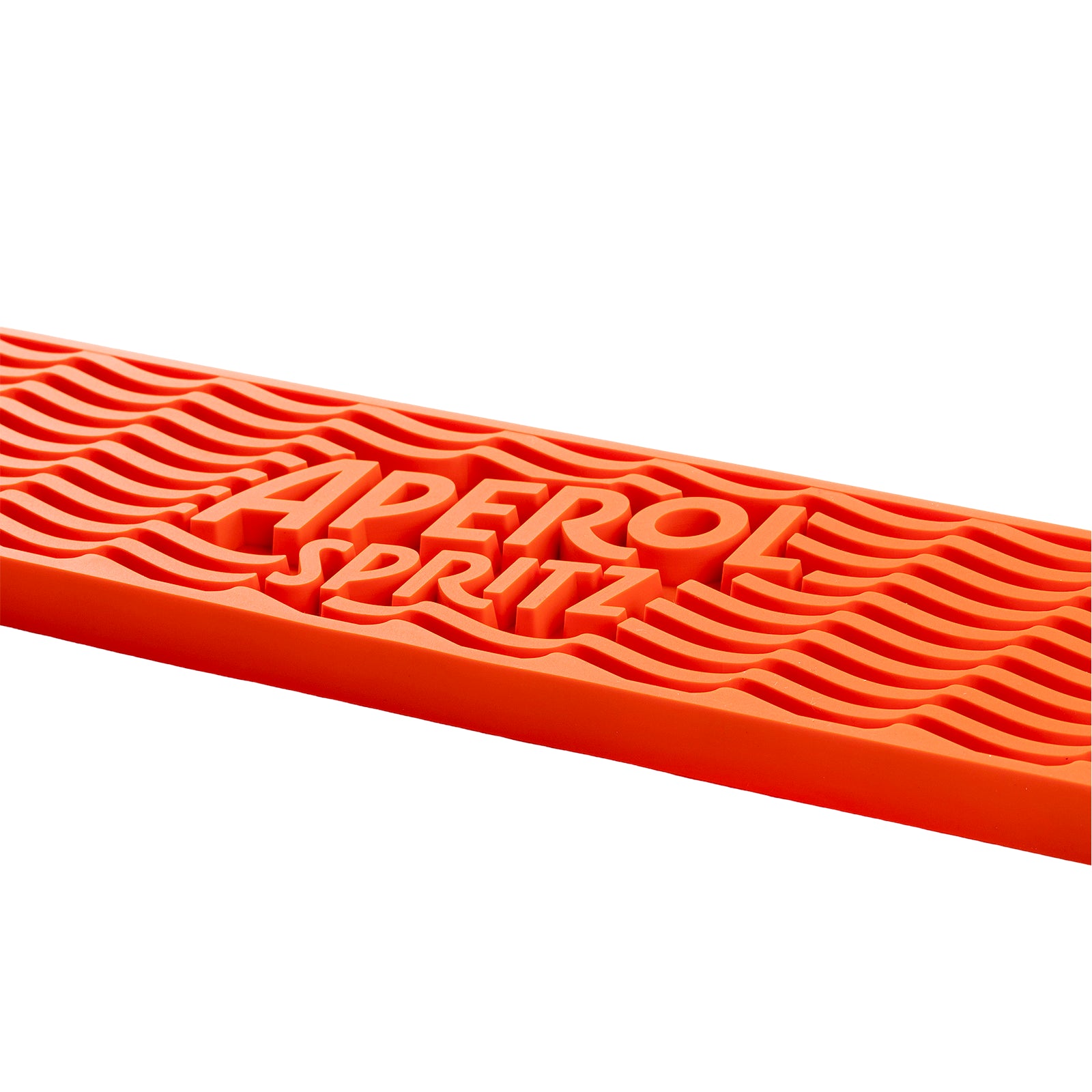Orange PVC bar mat with raised Aperol Spritz logo and wavy texture, displayed on white background