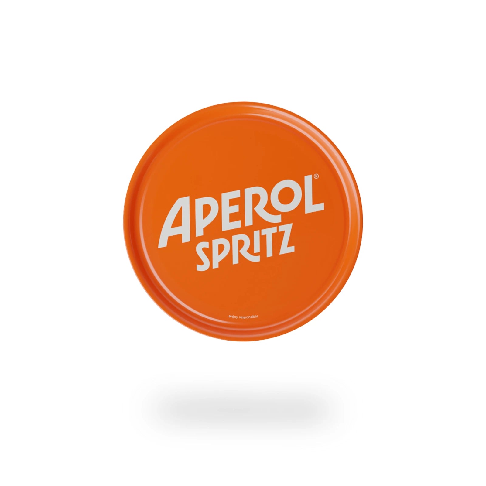 Bright orange round bar tray with bold white "Aperol Spritz" branding in the center, floating above a white background with a soft shadow underneath.
