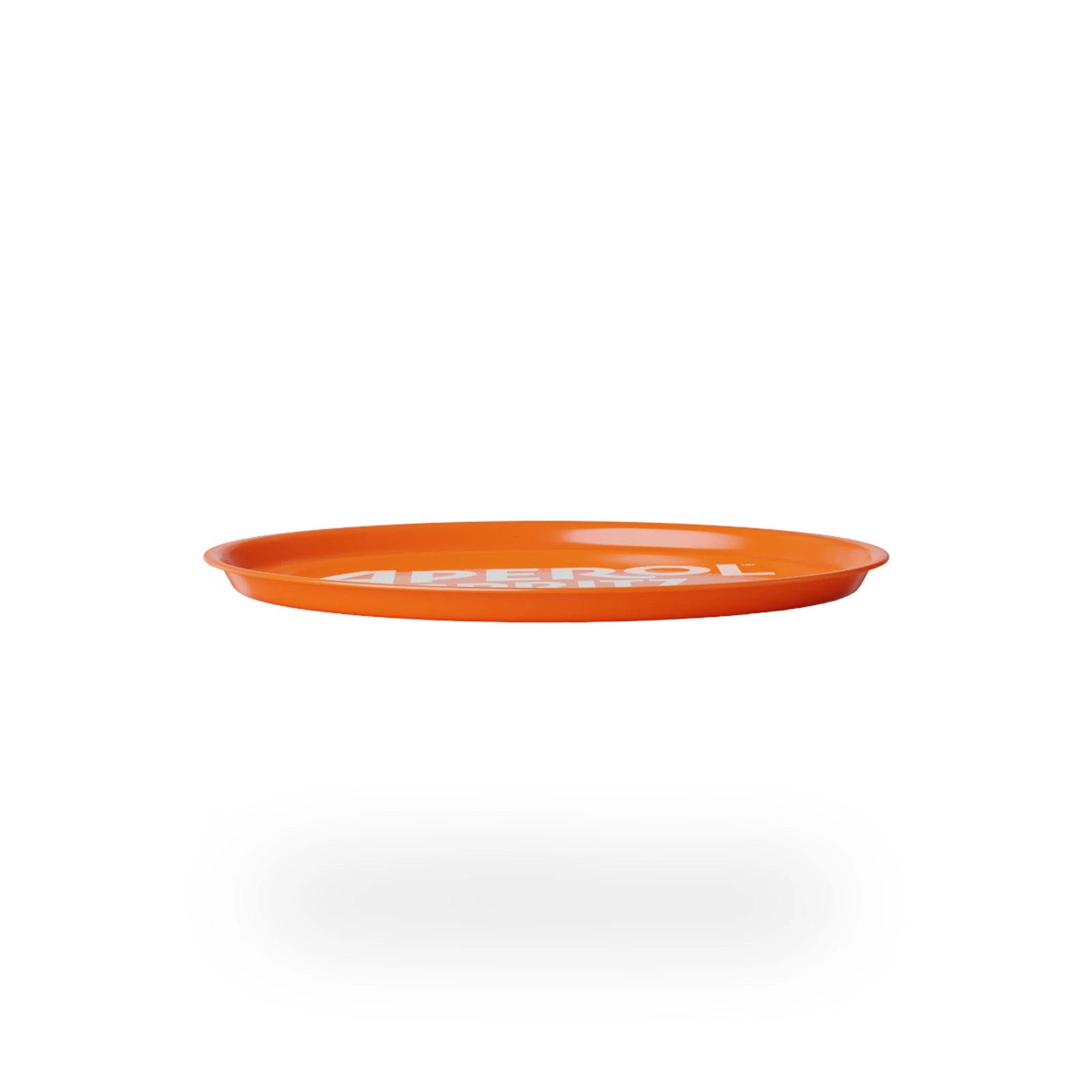 Side view of a vibrant orange Aperol Spritz bar tray, showing its shallow, round shape with a subtle white logo partially visible on the inner surface, hovering above a white background.