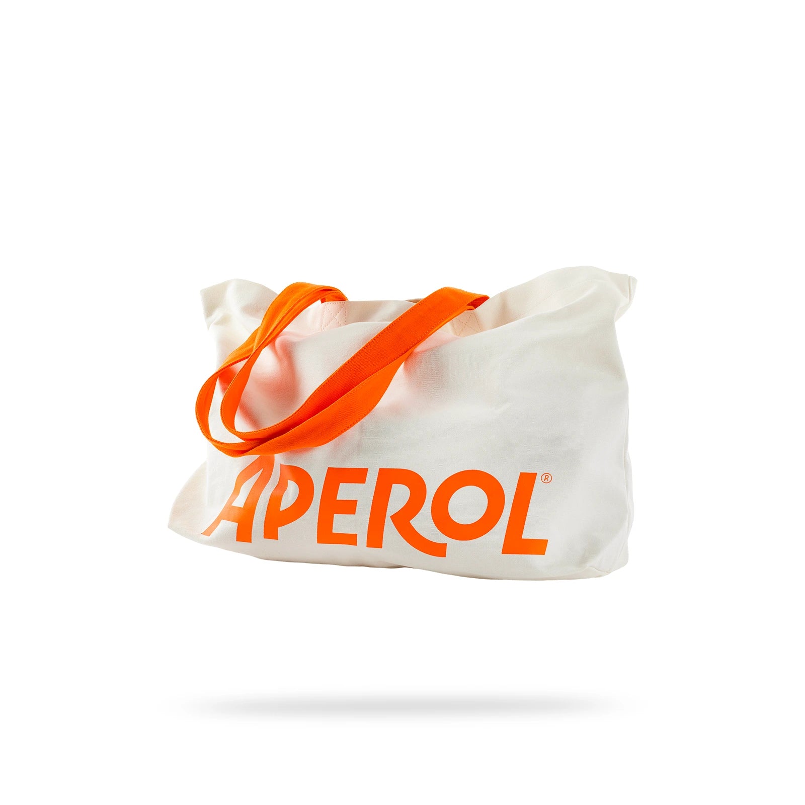 White canvas tote bag with bold orange APEROL logo and matching orange handles