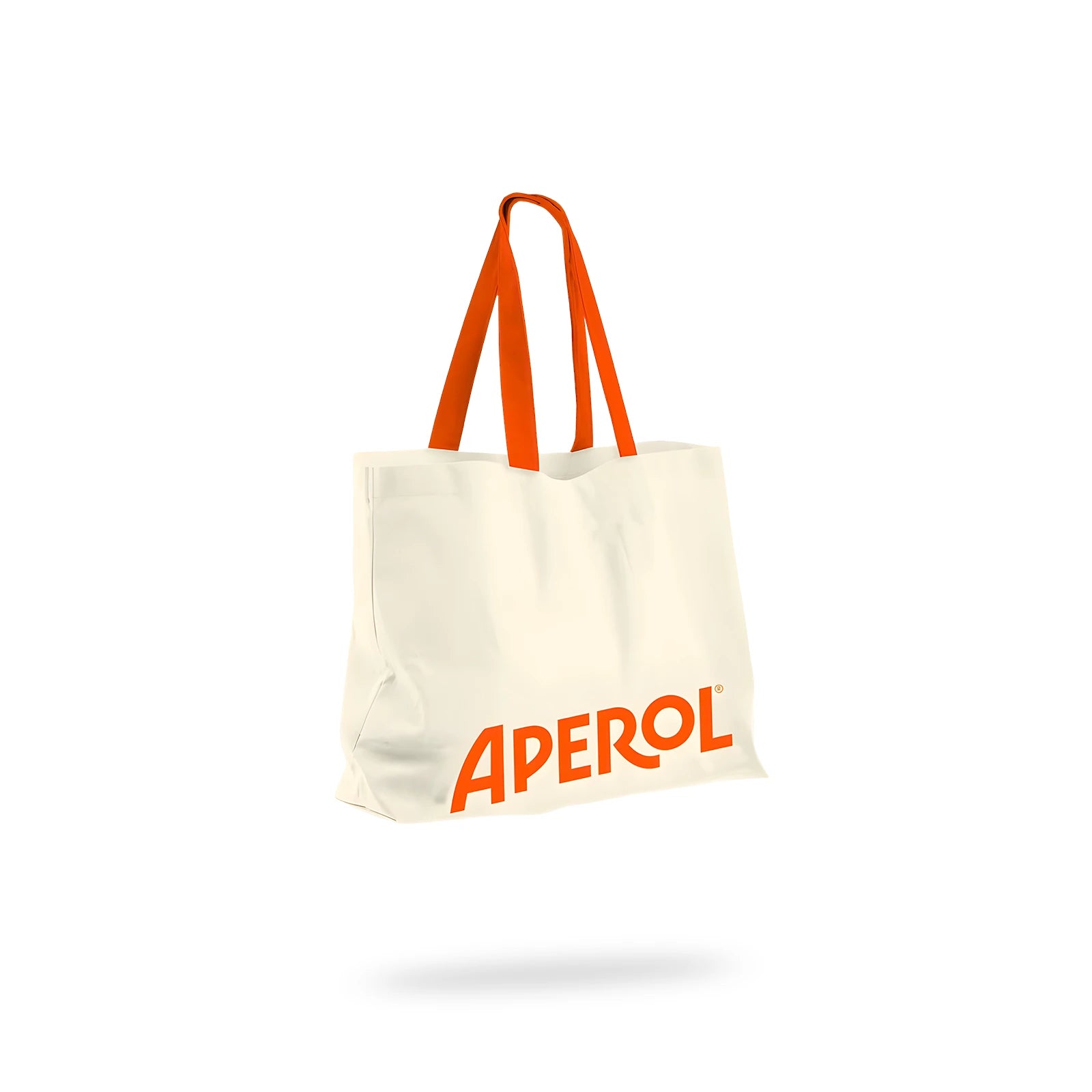 White canvas tote bag with bold orange APEROL logo and matching orange handles