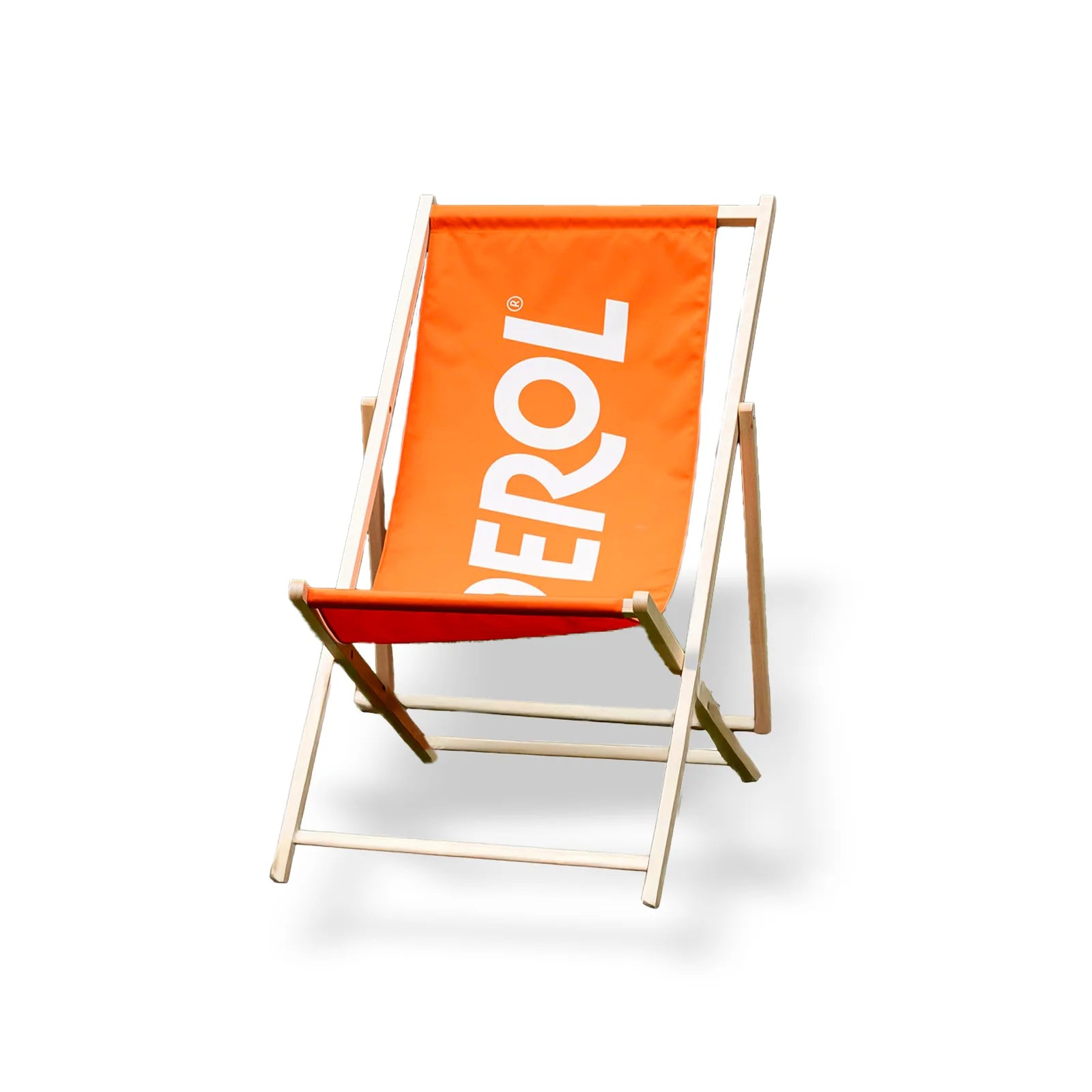 Aperol beach chair with orange canvas and white logo, foldable wooden frame for outdoor lounging