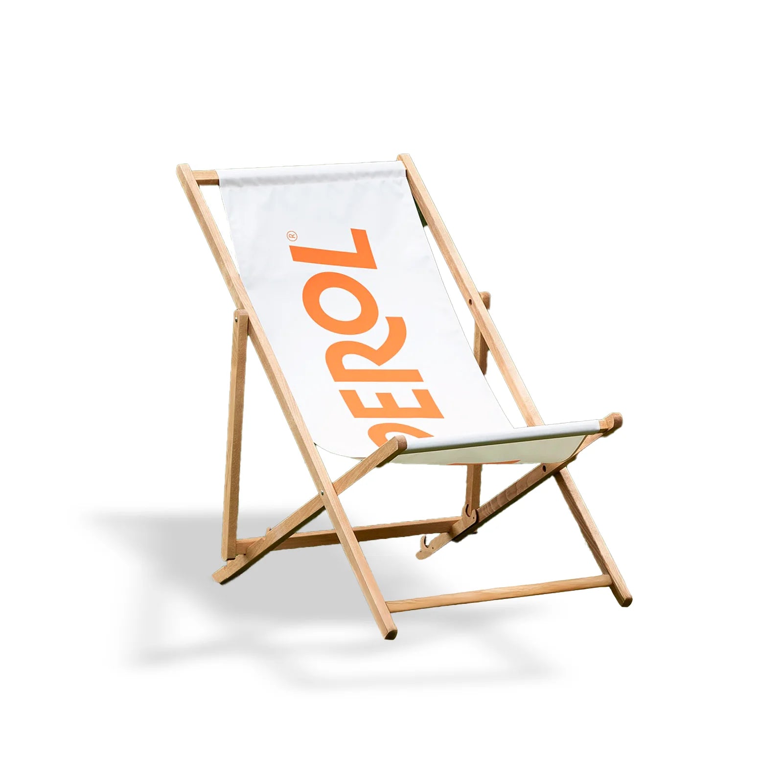 Aperol beach chair with white canvas and orange logo, featuring wooden frame and foldable structure