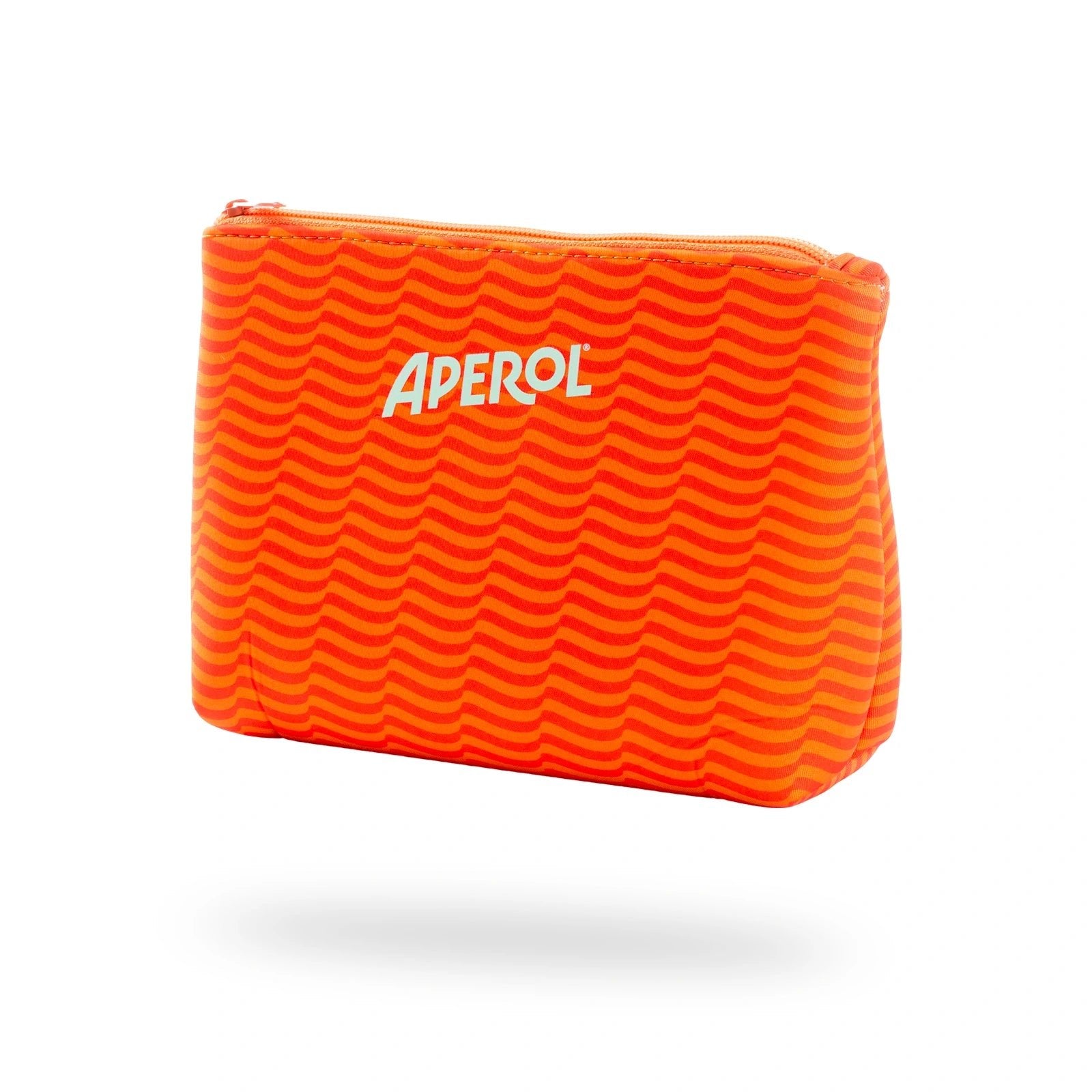 Orange Aperol beach pouch with red wave patterns, zipper closure, and centered white logo.
