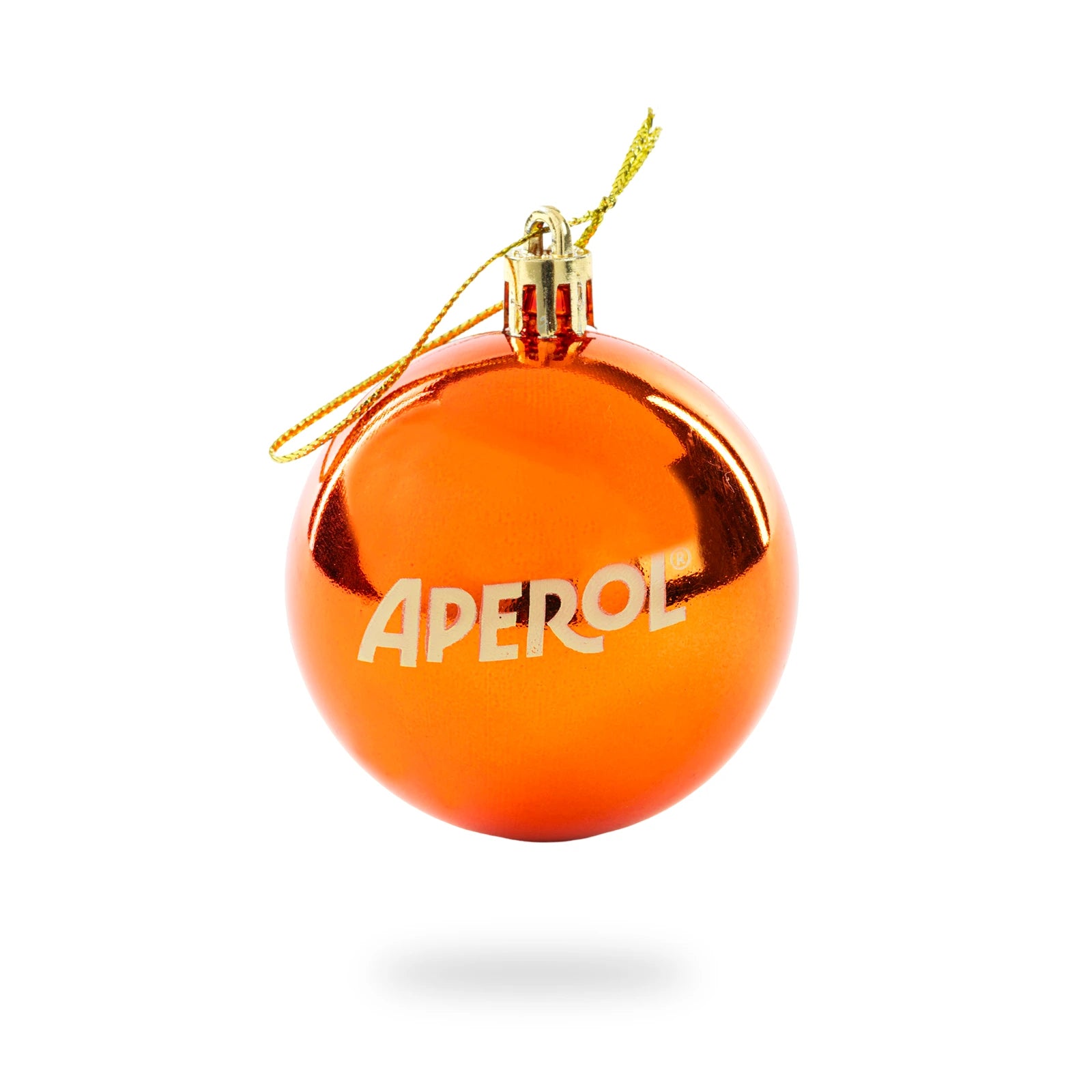 Shiny orange Christmas bauble with white Aperol logo at the center and a gold top with string.