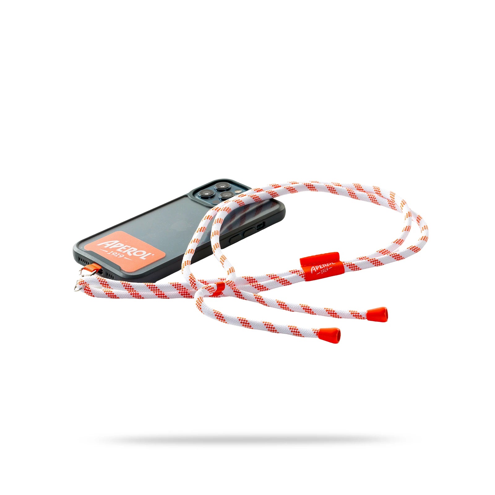 A black smartphone with an Aperol-branded case attached to a white and orange woven lanyard, designed for wearing around the neck