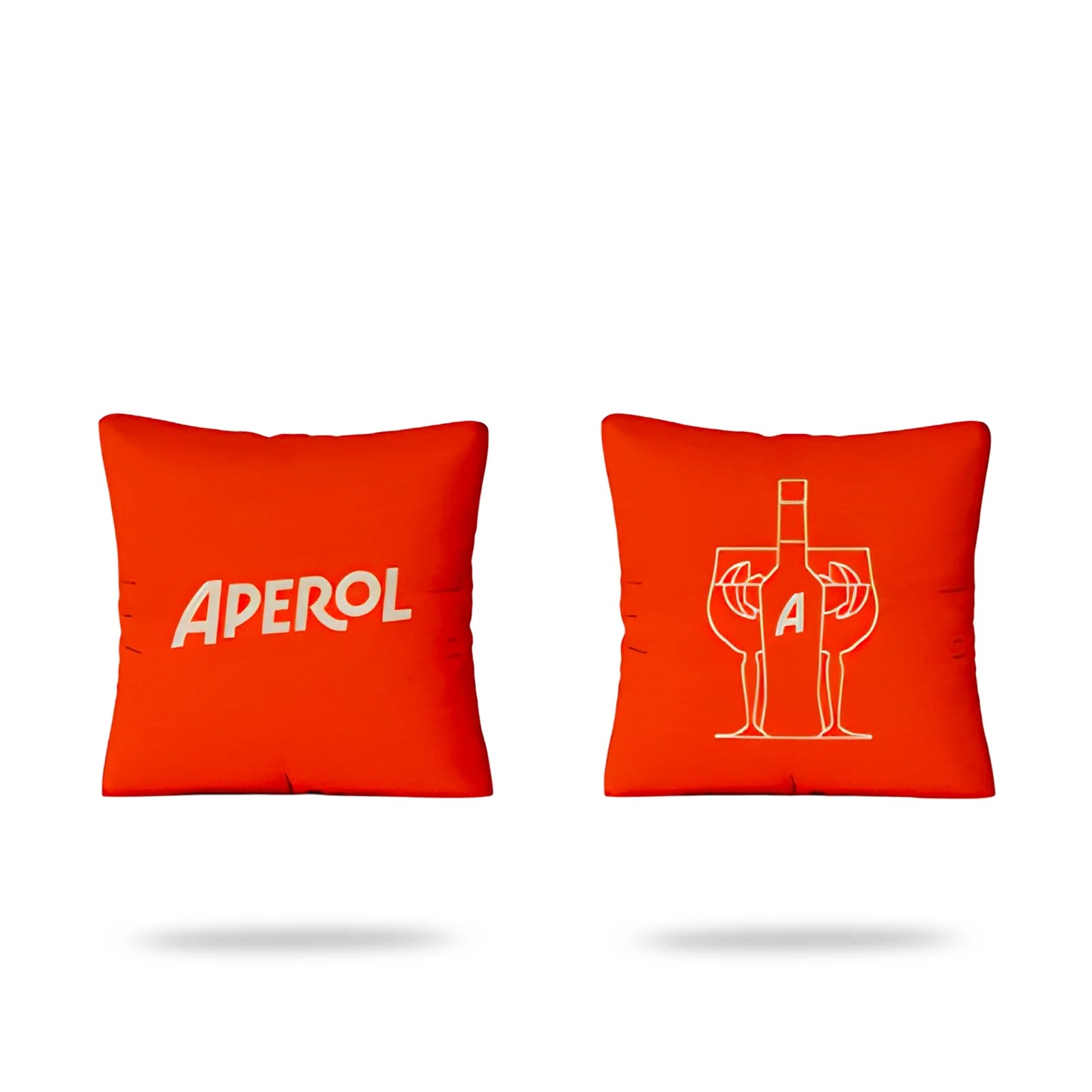 Set of two orange Aperol cushions, one with logo and one with minimalist bottle and glass illustration