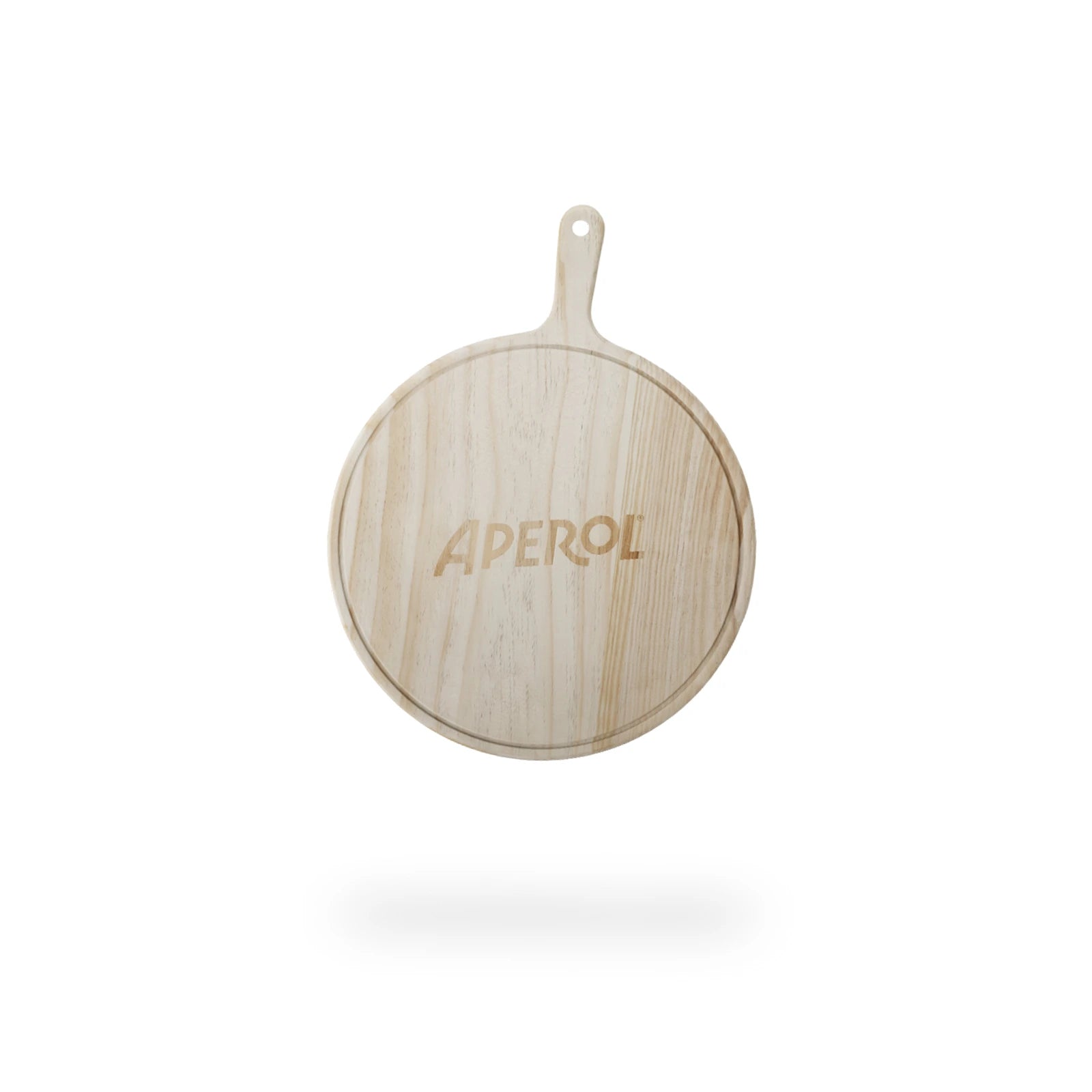 A round wooden pizza tray with a handle, featuring the engraved Aperol logo in the center, displayed on a white background with a soft shadow below.
