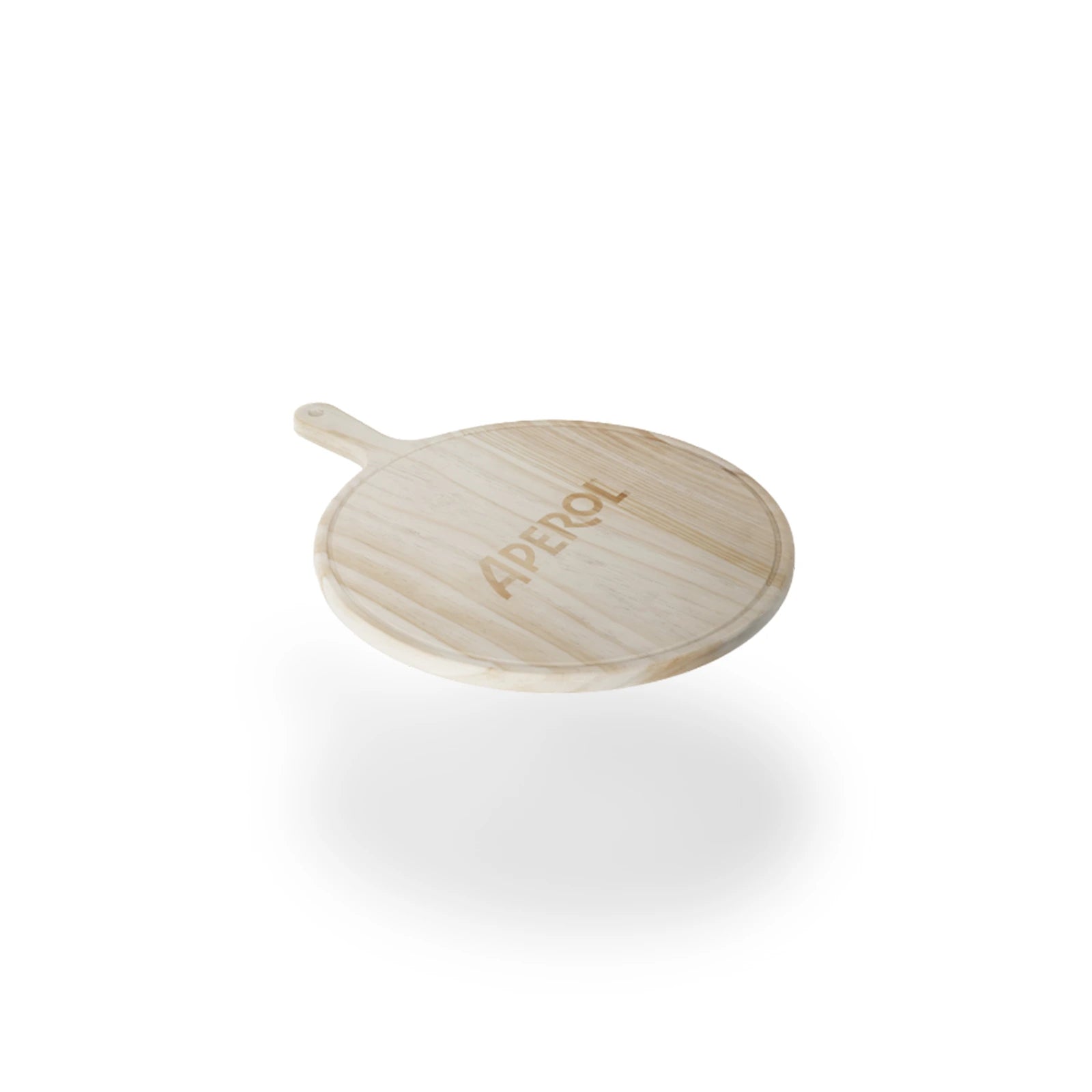 A side-angled view of a round wooden pizza tray with a handle, showcasing the engraved Aperol logo on the surface, isolated on a white background with a subtle shadow beneath.