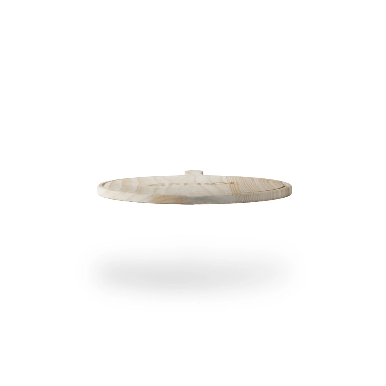 A low-angle side view of a round wooden Aperol pizza tray with a handle, highlighting its thickness and natural wood grain, isolated on a white background with a soft shadow underneath.