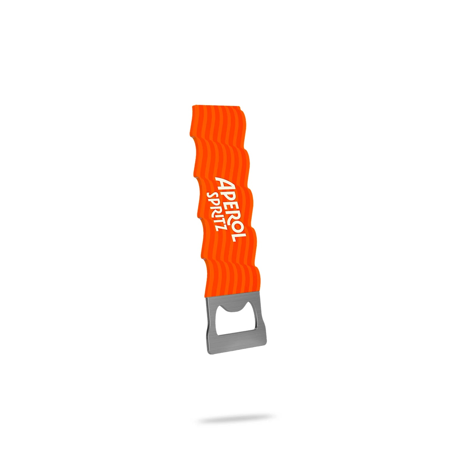 Orange Aperol Spritz bottle opener with wavy grip and white logo on white background