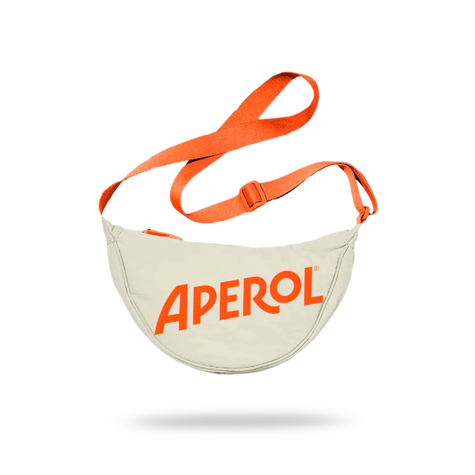 A beige fanny pack with a bright orange adjustable strap, featuring the bold red Aperol logo on the front.