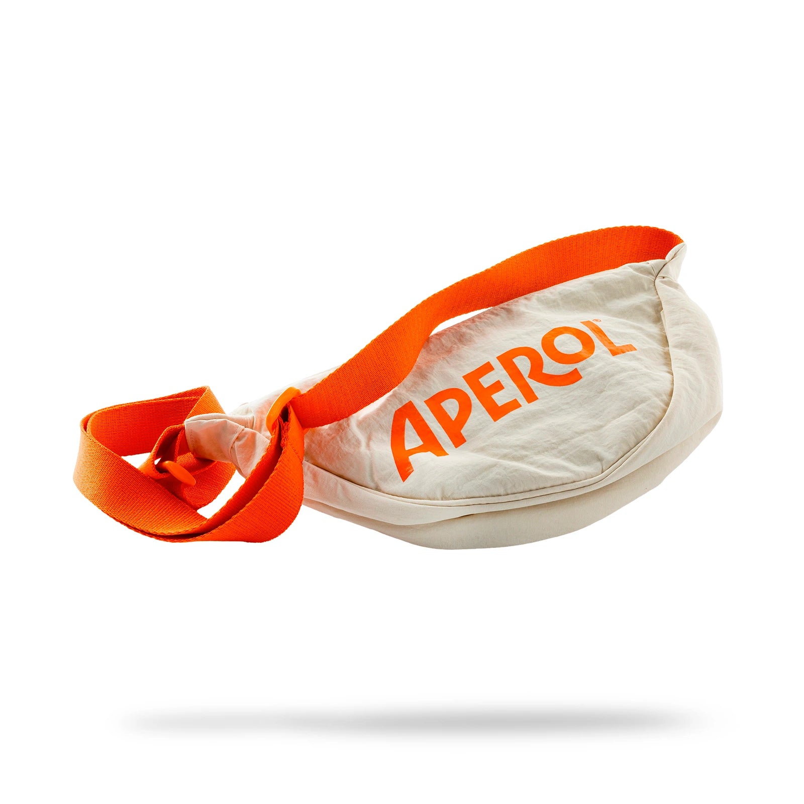 A beige fanny pack with a bright orange adjustable strap, featuring the bold red Aperol logo on the front.