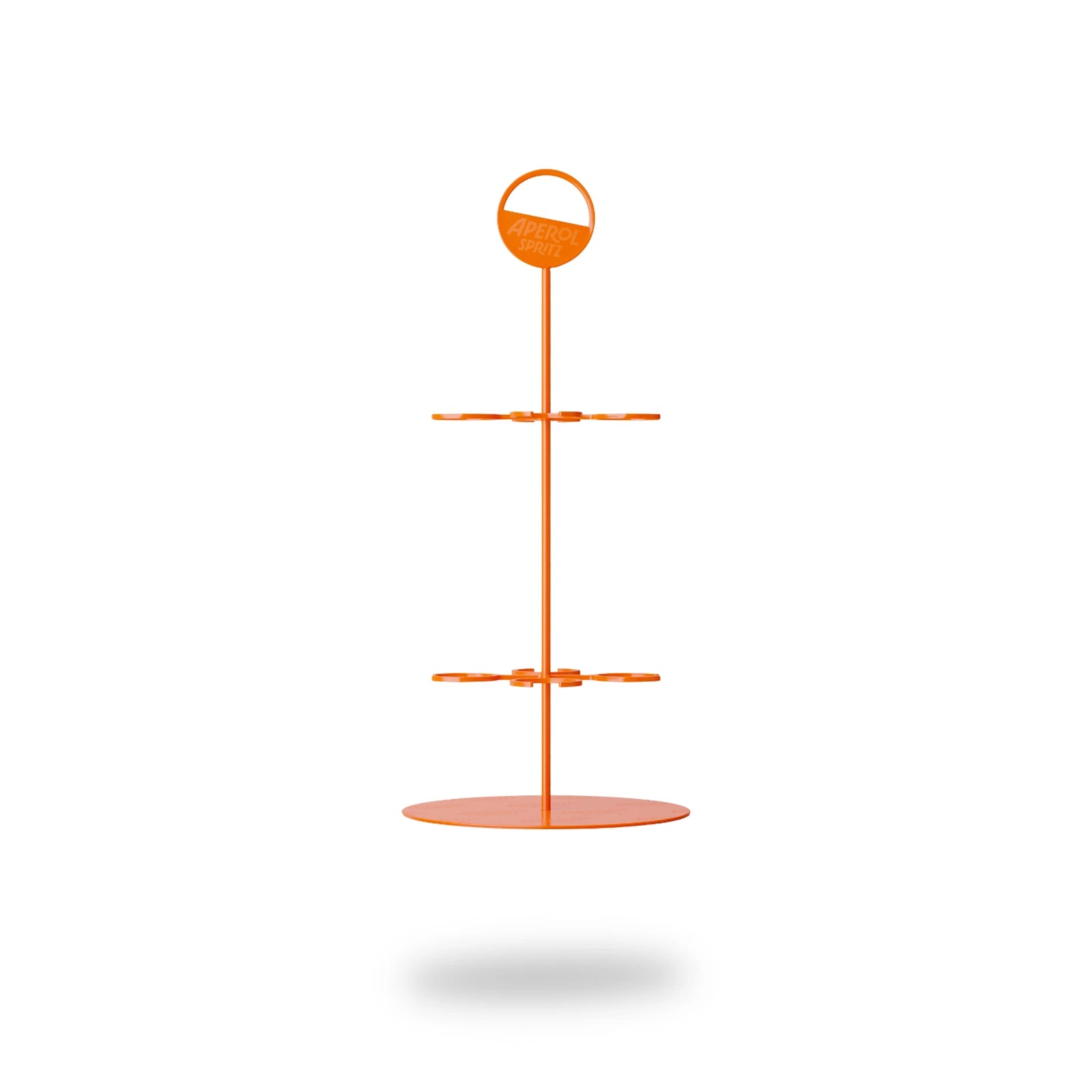 Orange Aperol Spritz-branded serving tray stand with two circular levels, each designed to securely hold multiple glasses, topped with a round handle for easy carrying.