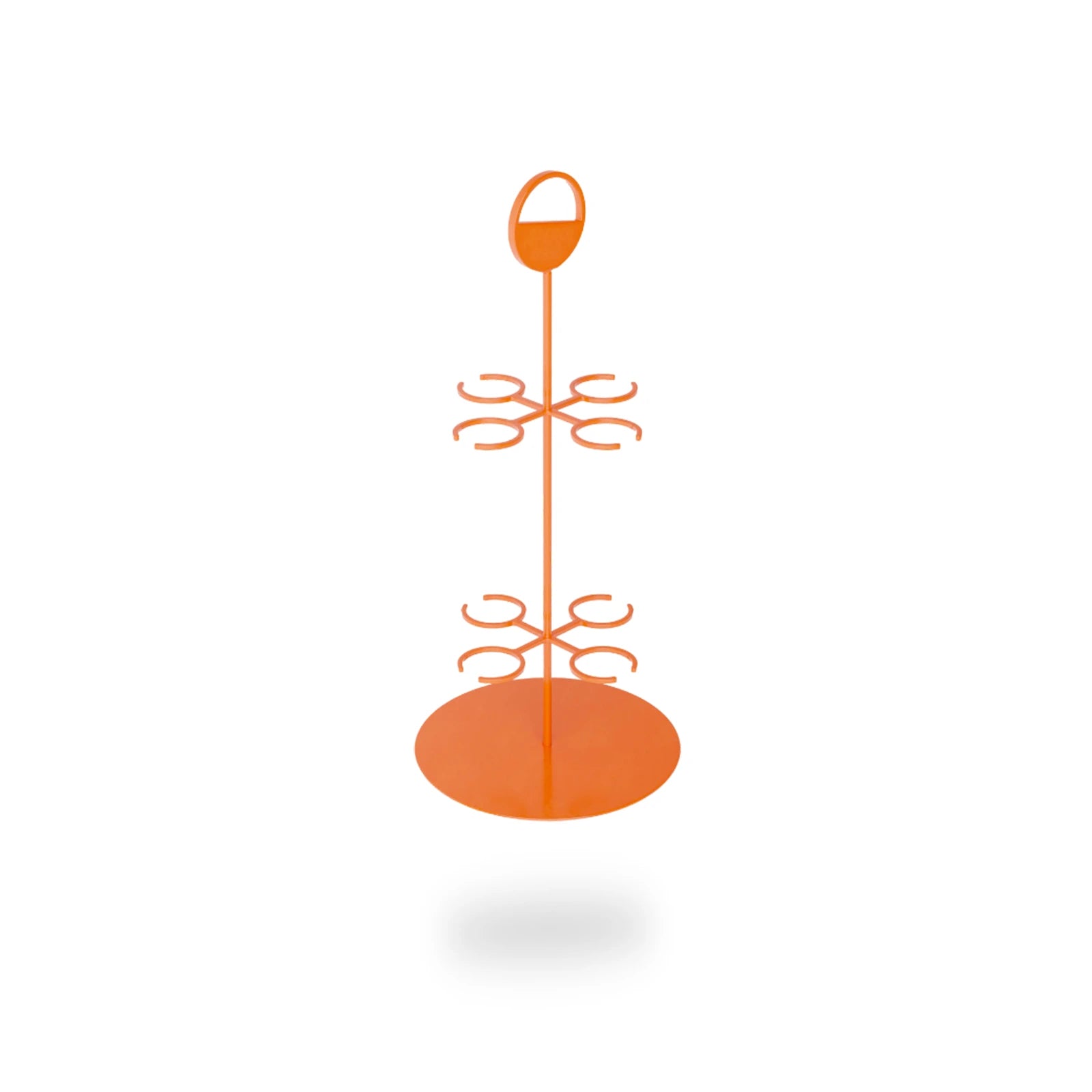 Orange Aperol Spritz-branded serving tray stand with two circular levels, each designed to securely hold multiple glasses, topped with a round handle for easy carrying.