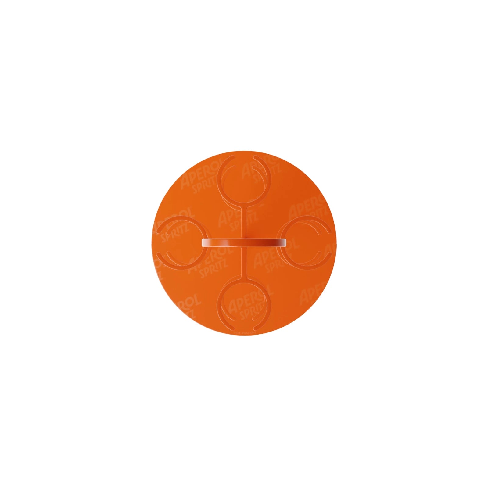 Top-down view of an orange Aperol Spritz-branded circular tray insert, featuring four cut-out slots designed to securely hold glasses in place, with subtle logo patterns across the surface.