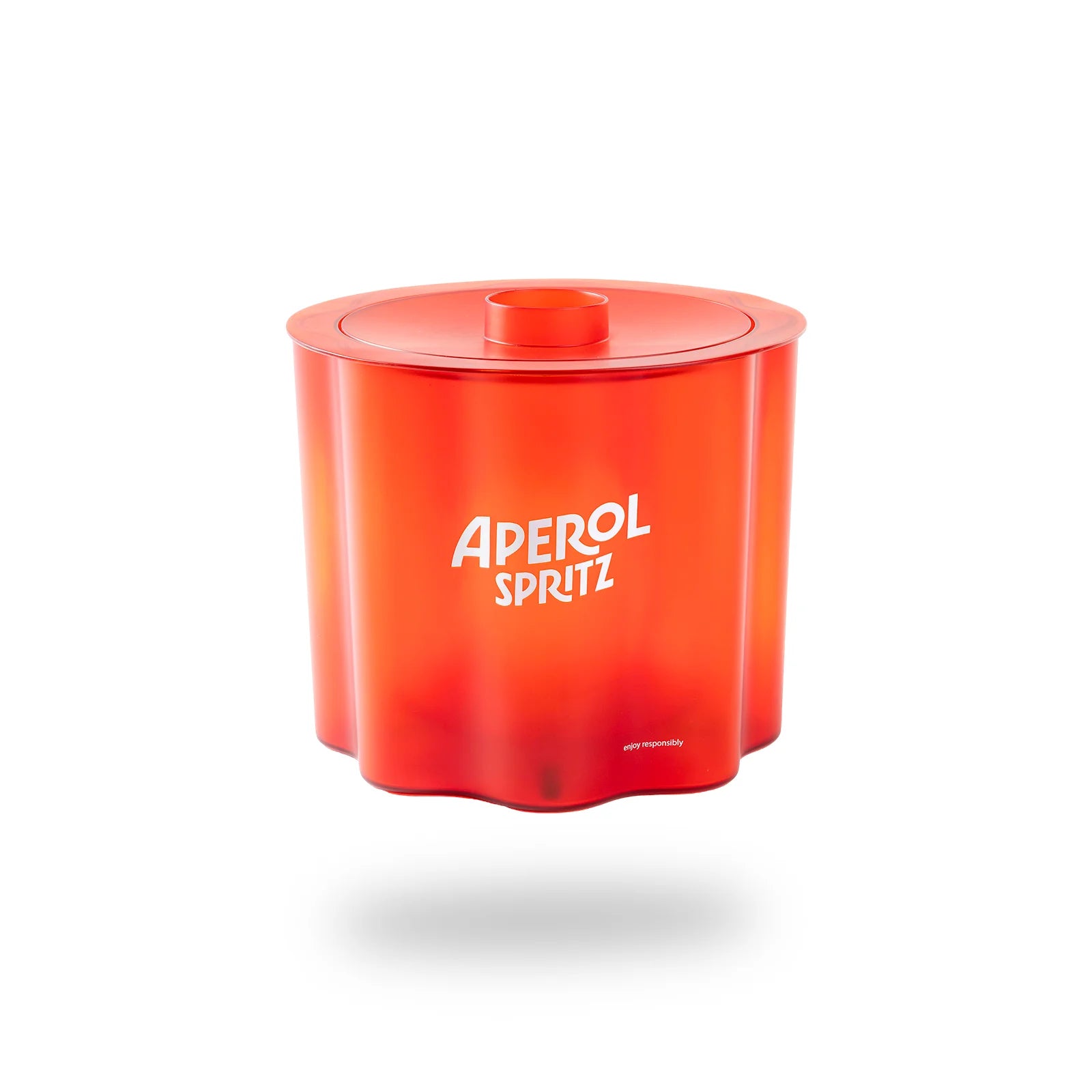 Bright orange Aperol Spritz ice bucket with lid and white logo, presented on a white background