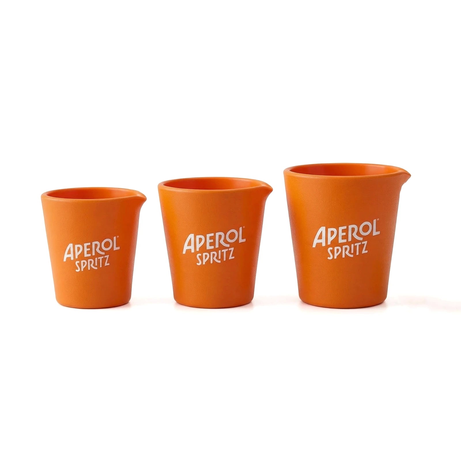 Three orange cups with 'Aperol Spritz' text on a white background