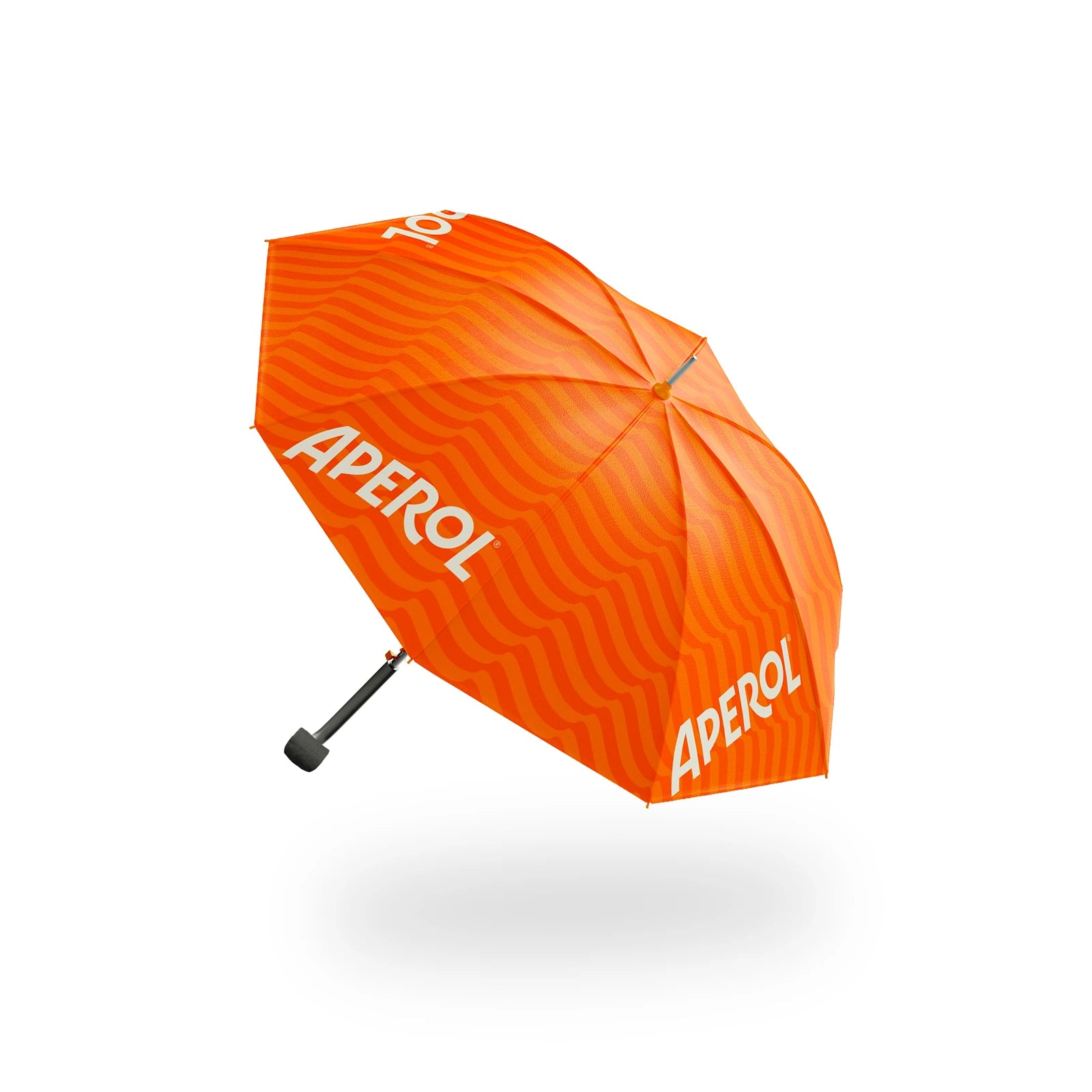 Bright orange umbrella with wavy pattern, featuring the white "APEROL" logo on multiple panels.