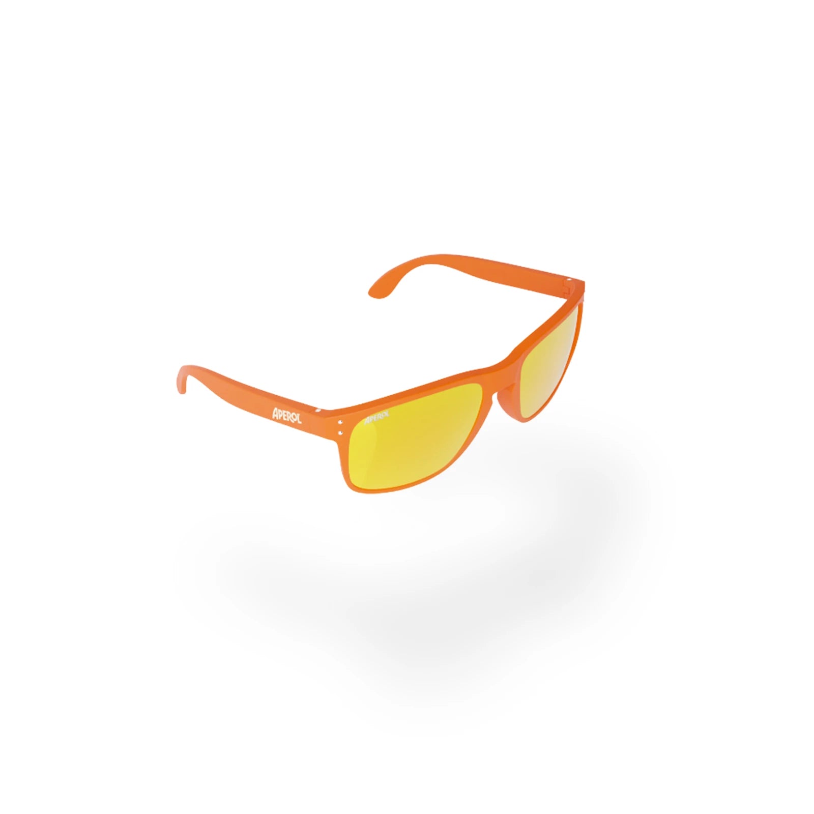 A stylish pair of Aperol-branded sunglasses with an orange frame and reflective yellow lenses, shown at an angle on a white background with a soft shadow beneath.