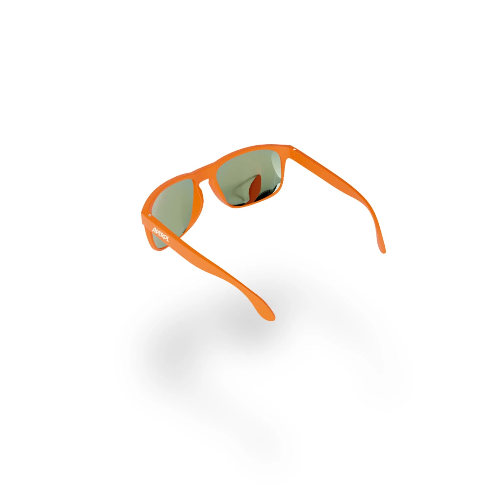 A pair of Aperol-branded sunglasses with a bold orange frame and dark reflective lenses, viewed from the back at an angle against a white background with a soft shadow below.
