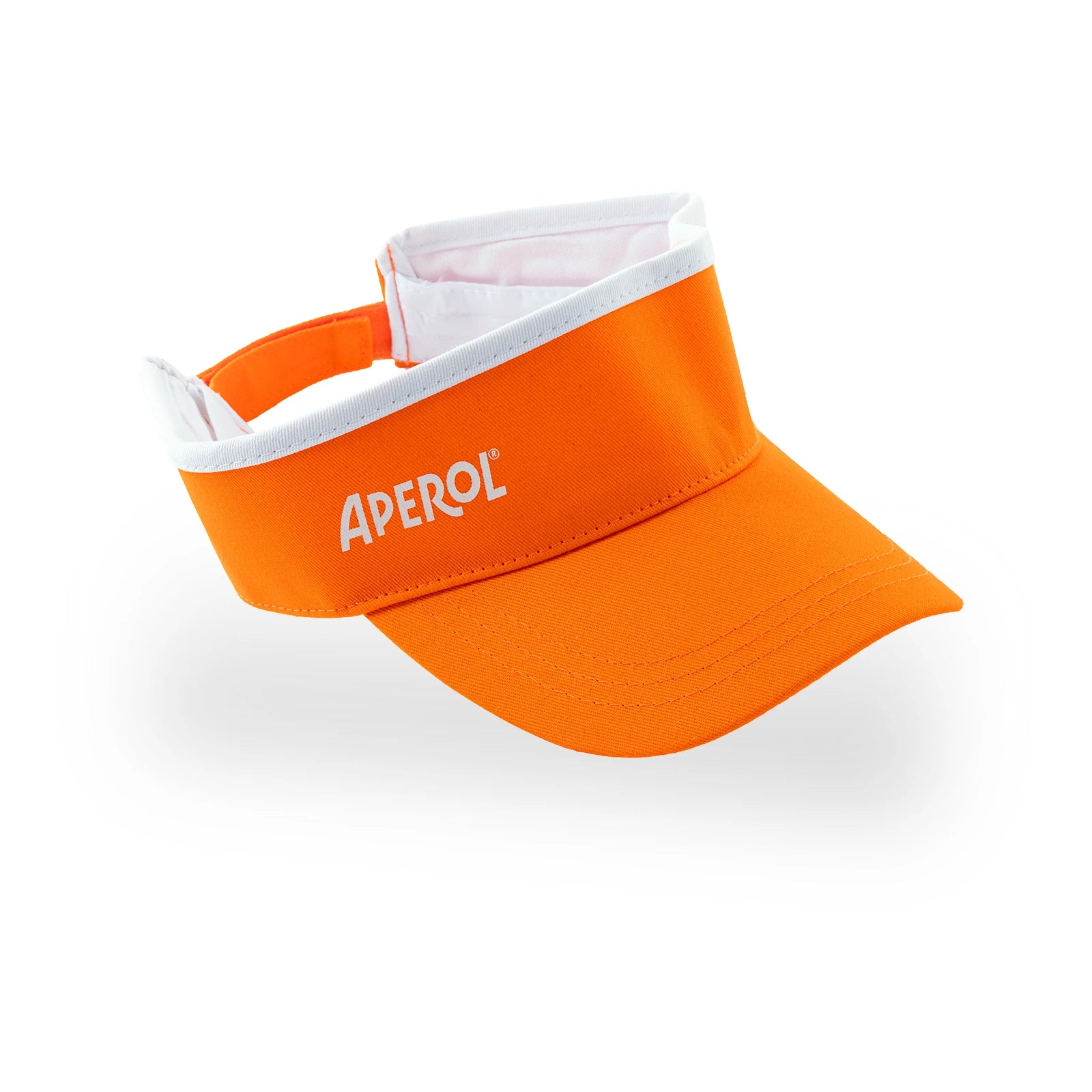 Orange Aperol visor with a white trim and centered white logo on the front. A sporty and stylish summer accessory.