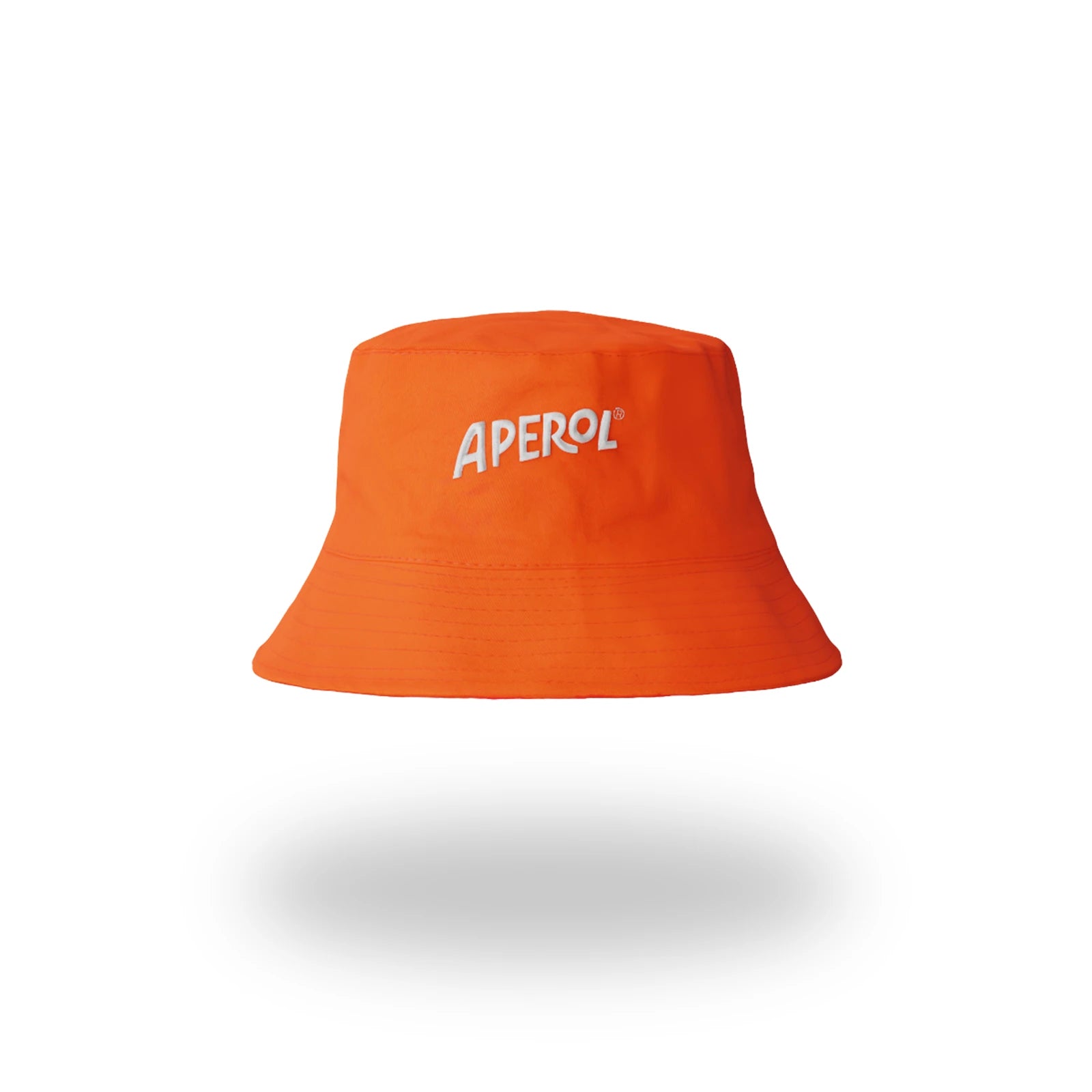 Bright orange bucket hat featuring the white Aperol logo embroidered on the front, displayed against a clean white background with a soft shadow underneath.