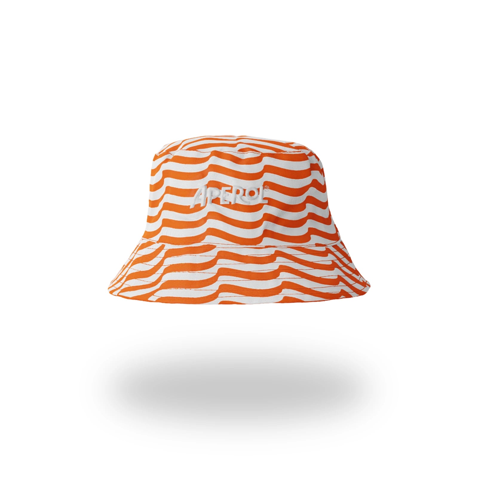 Front view of a vibrant Aperol bucket hat featuring an orange and white wavy striped pattern with the white "APEROL" logo embroidered in the center.
