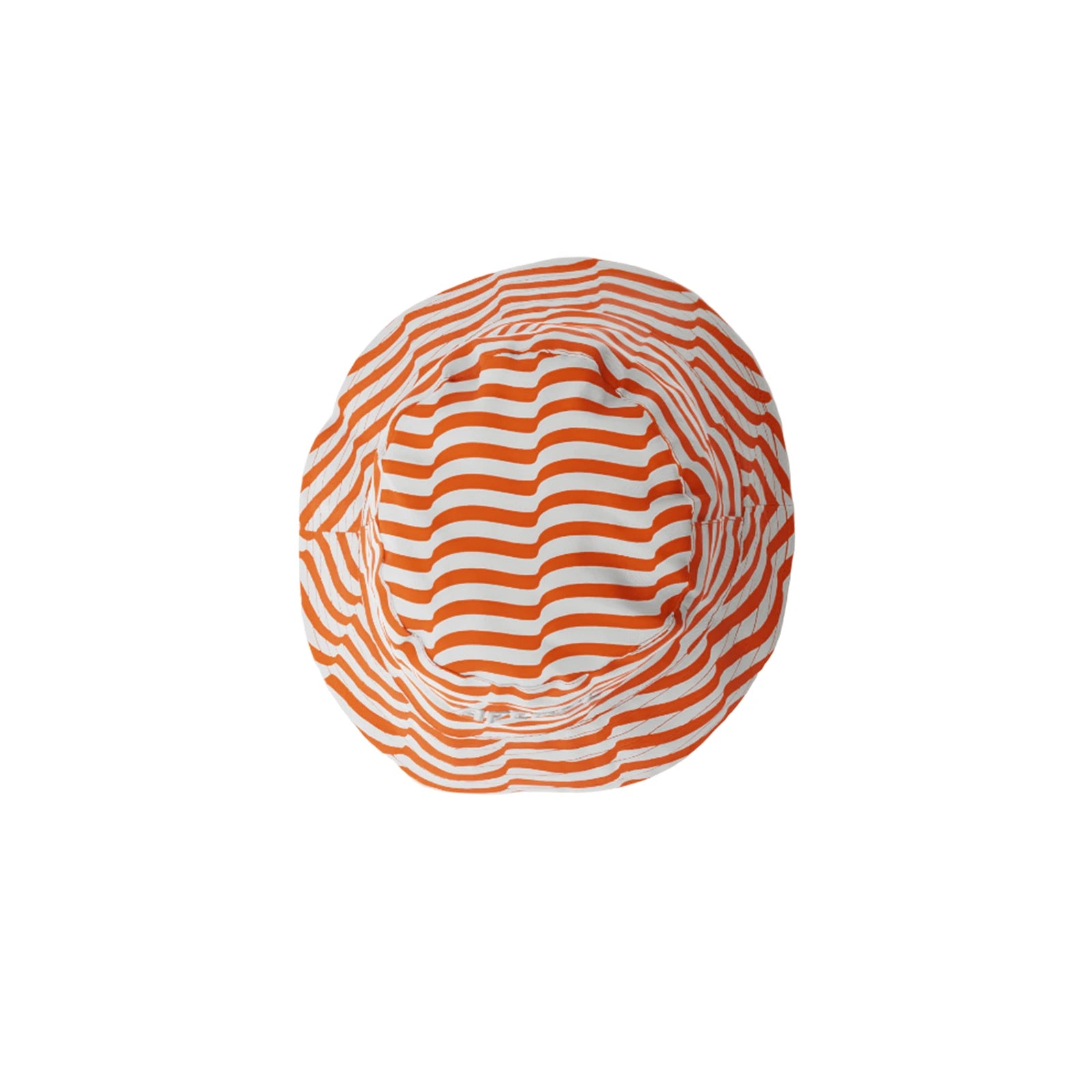 op-down view of an Aperol bucket hat featuring a vibrant orange and white wavy stripe pattern. The crown and brim of the hat are clearly visible, emphasizing the playful design.
