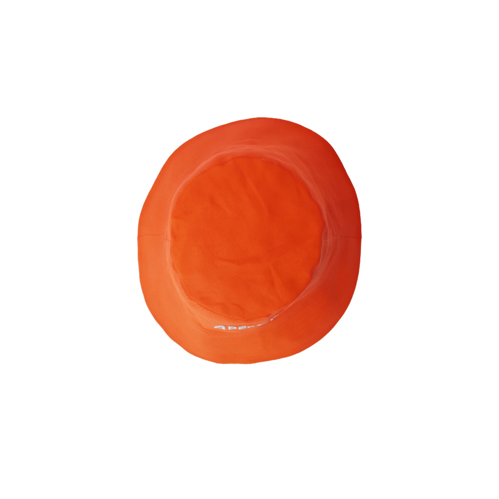 Top-down view of an orange Aperol bucket hat, showcasing its circular crown and soft fabric texture, with a slight glimpse of the white logo peeking over the brim.