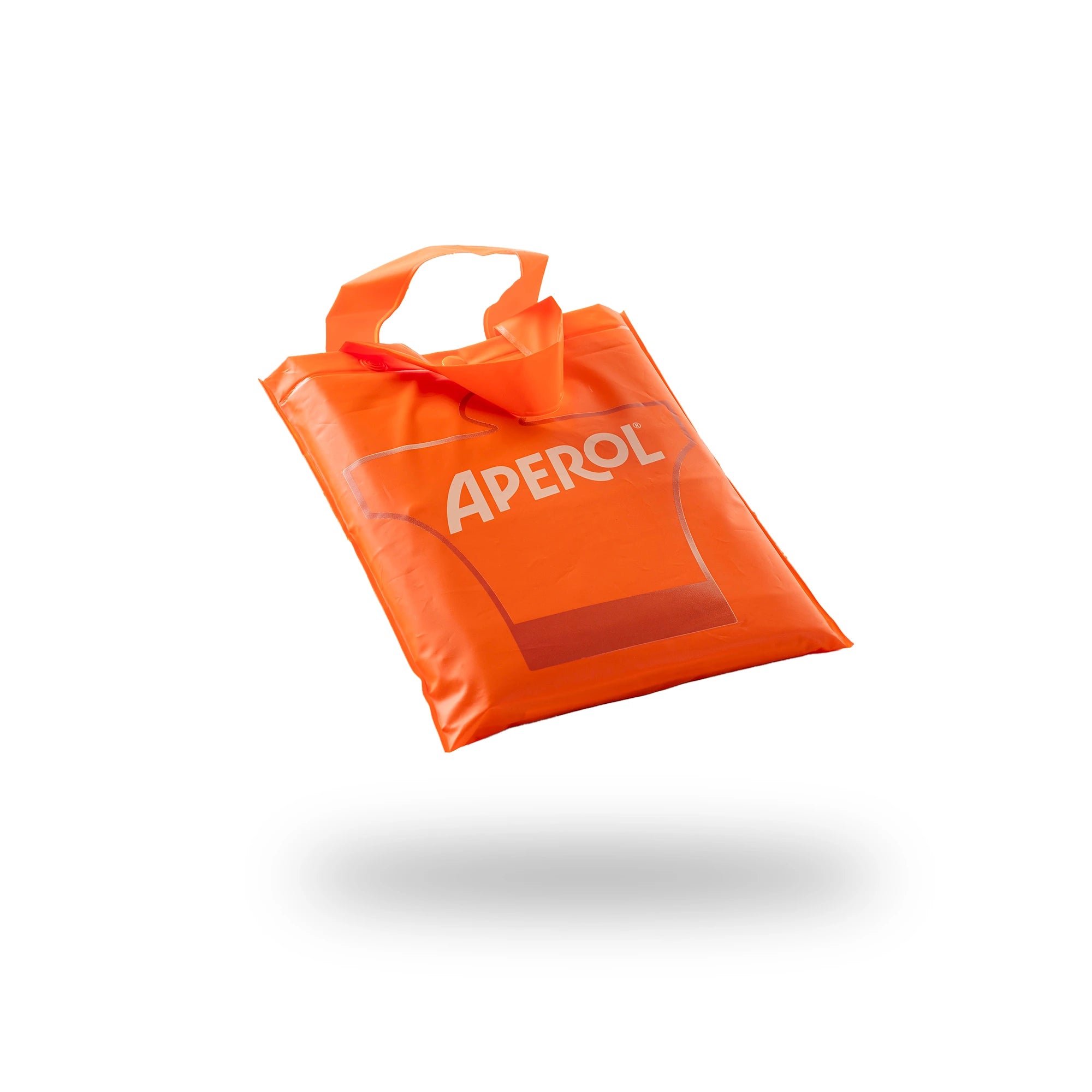 Folded Aperol Spritz raincoat inside an orange carrying pouch with handles, featuring a printed Aperol logo and shirt outline.