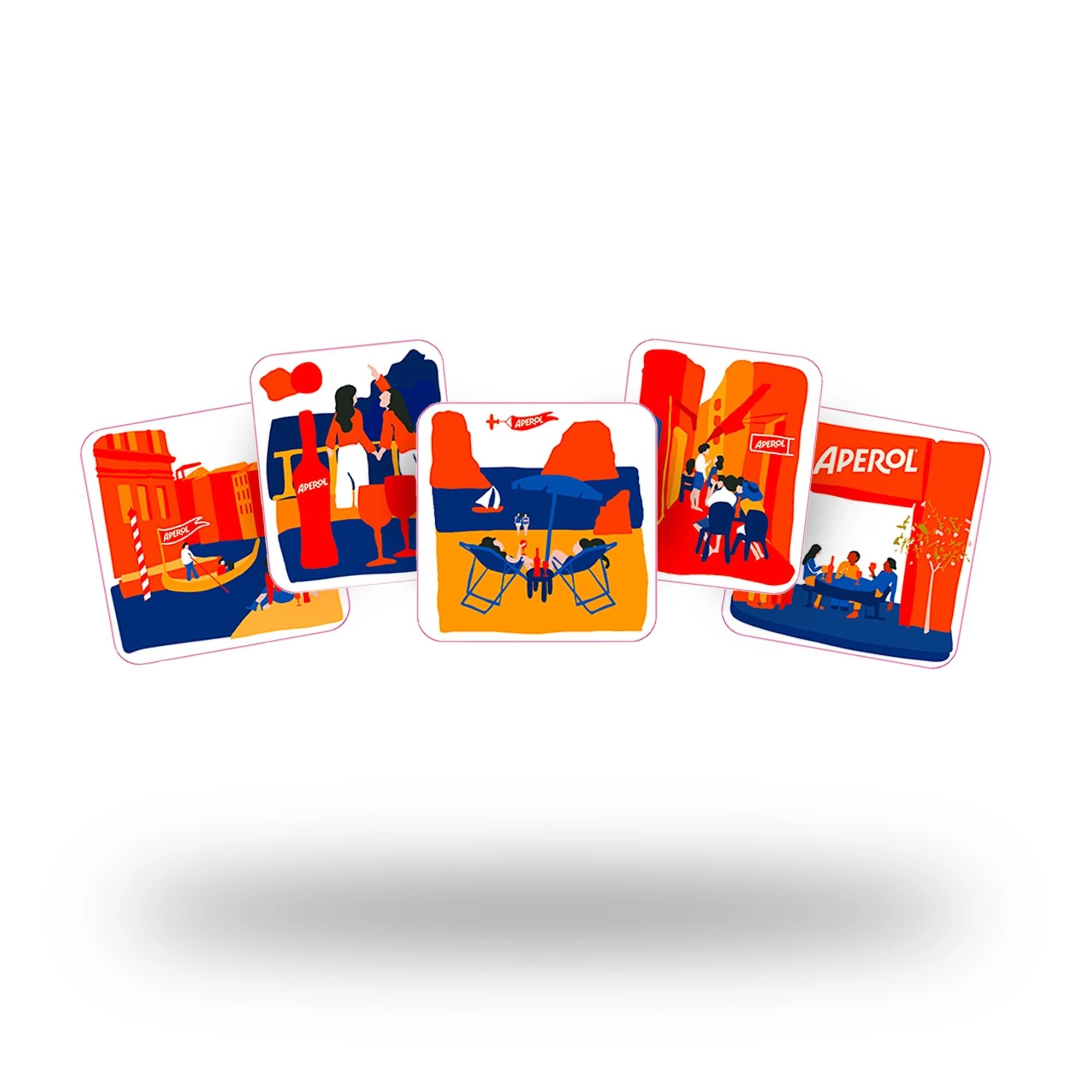 Set of colorful Aperol Spritz stickers featuring vibrant illustrations of Italian-inspired summer scenes, including beaches, terraces, and cityscapes.