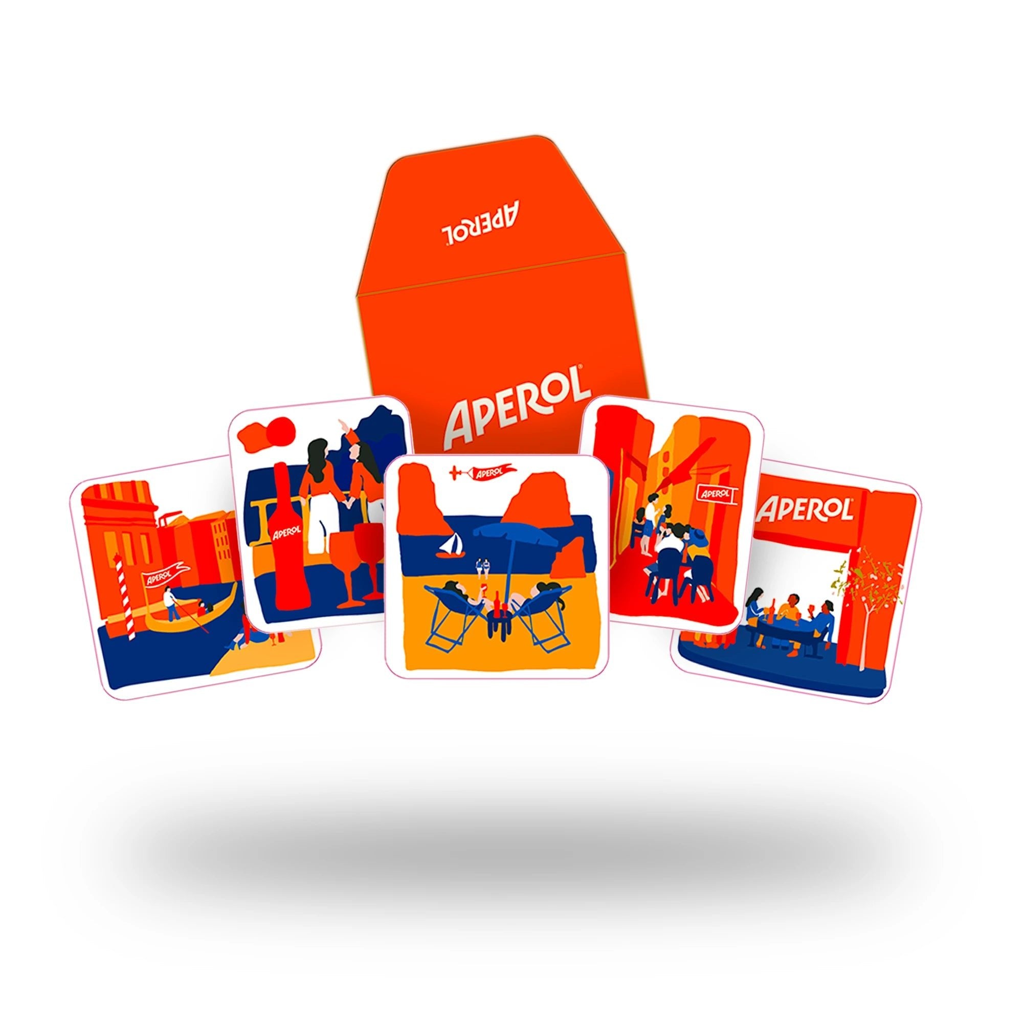 Aperol Spritz sticker set with five illustrated stickers depicting lively Italian summer scenes, displayed in front of a bright orange Aperol envelope.