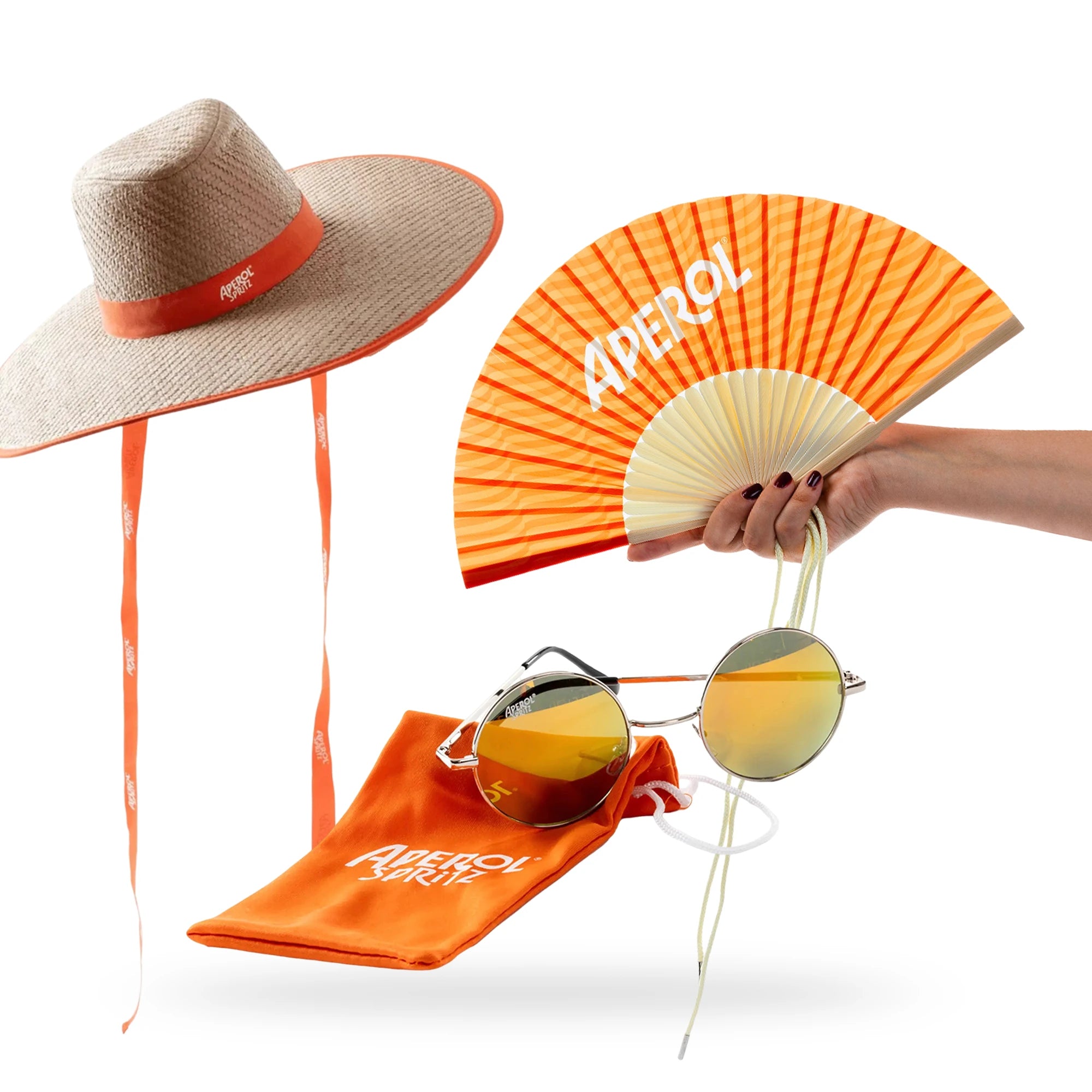 Aperol summer bundle with straw hat, orange fan, mirrored sunglasses, and branded pouch for sunny days