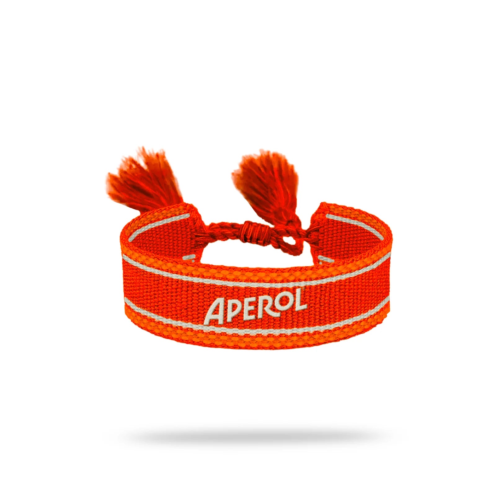 Orange Aperol woven bracelet with white logo and adjustable tassel ties, casual summer accessory