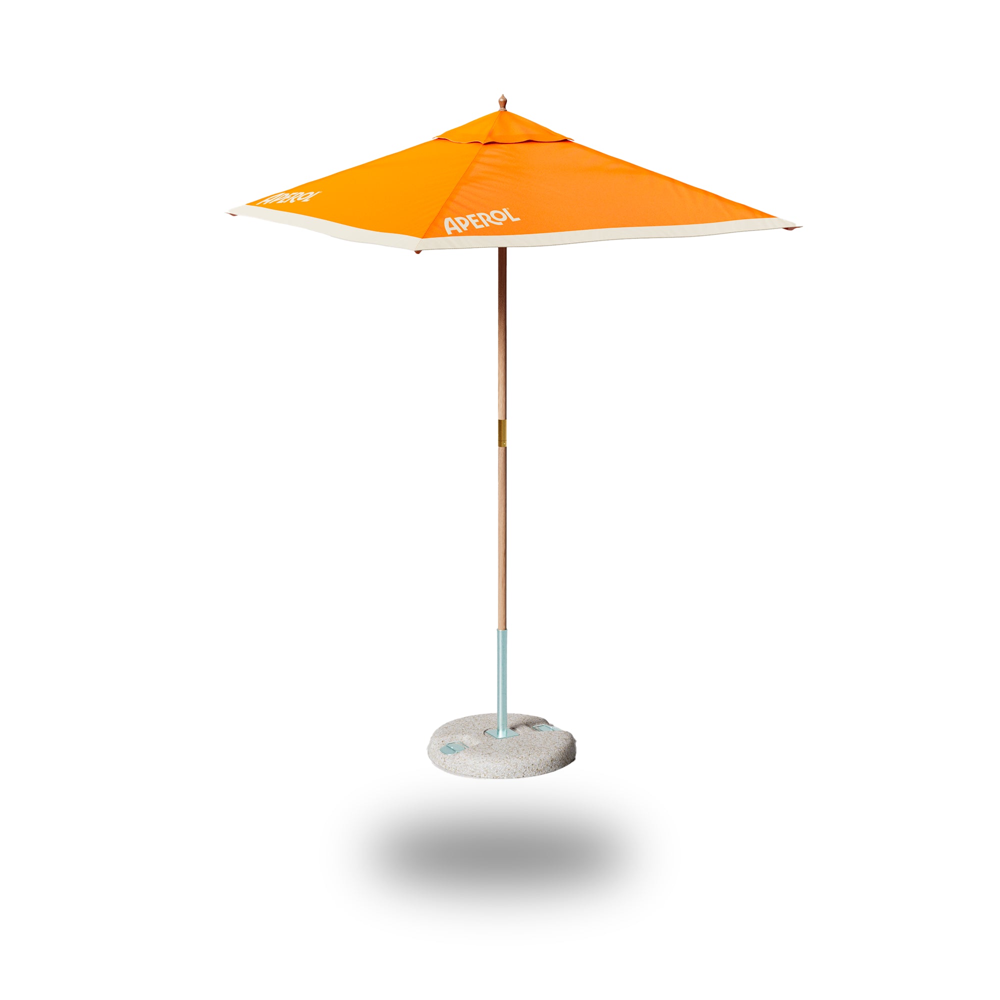 Square Aperol patio umbrella with orange canopy, cream border, and concrete base, viewed from above