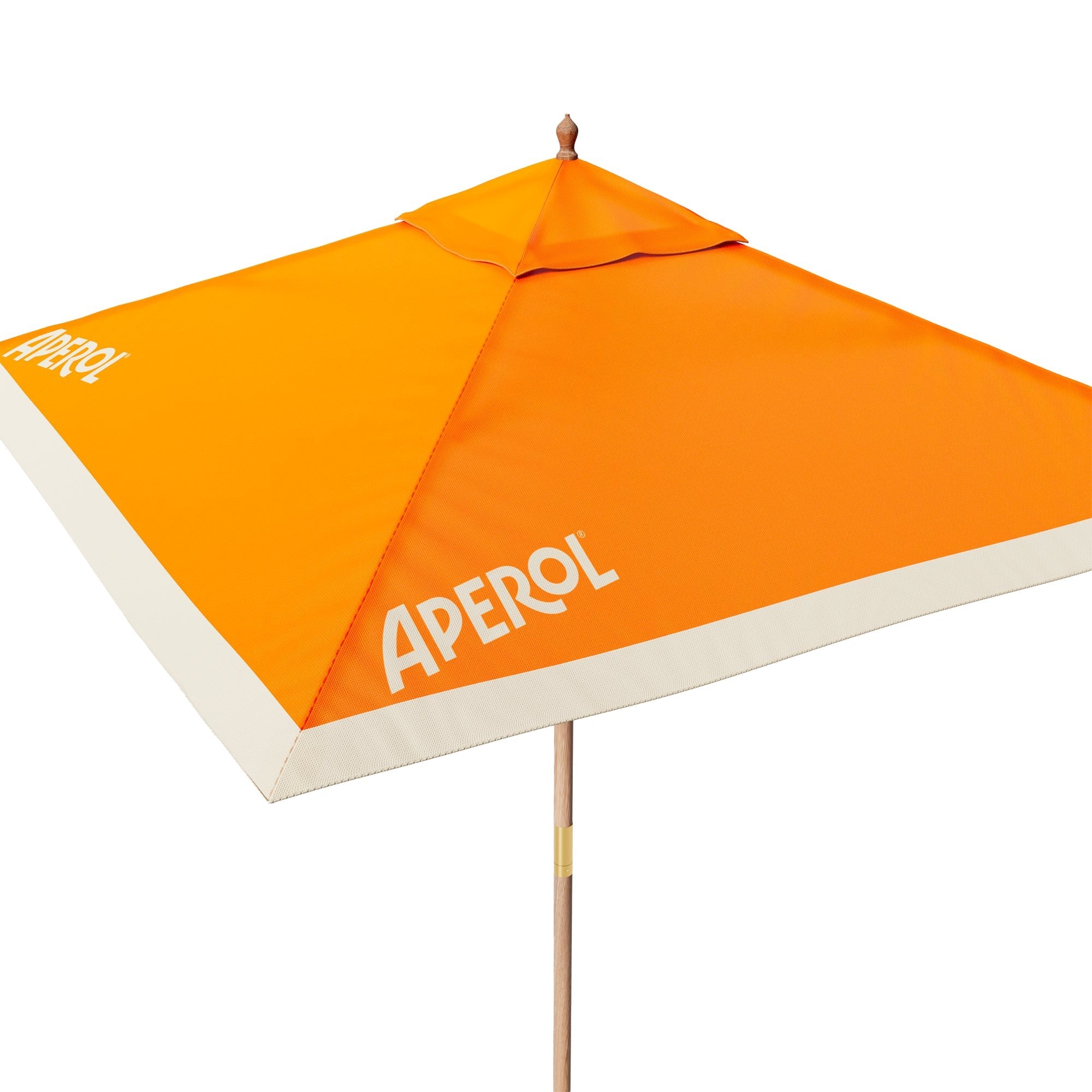 Orange Aperol patio umbrella with cream border and white logo, mounted on a wooden pole against white background