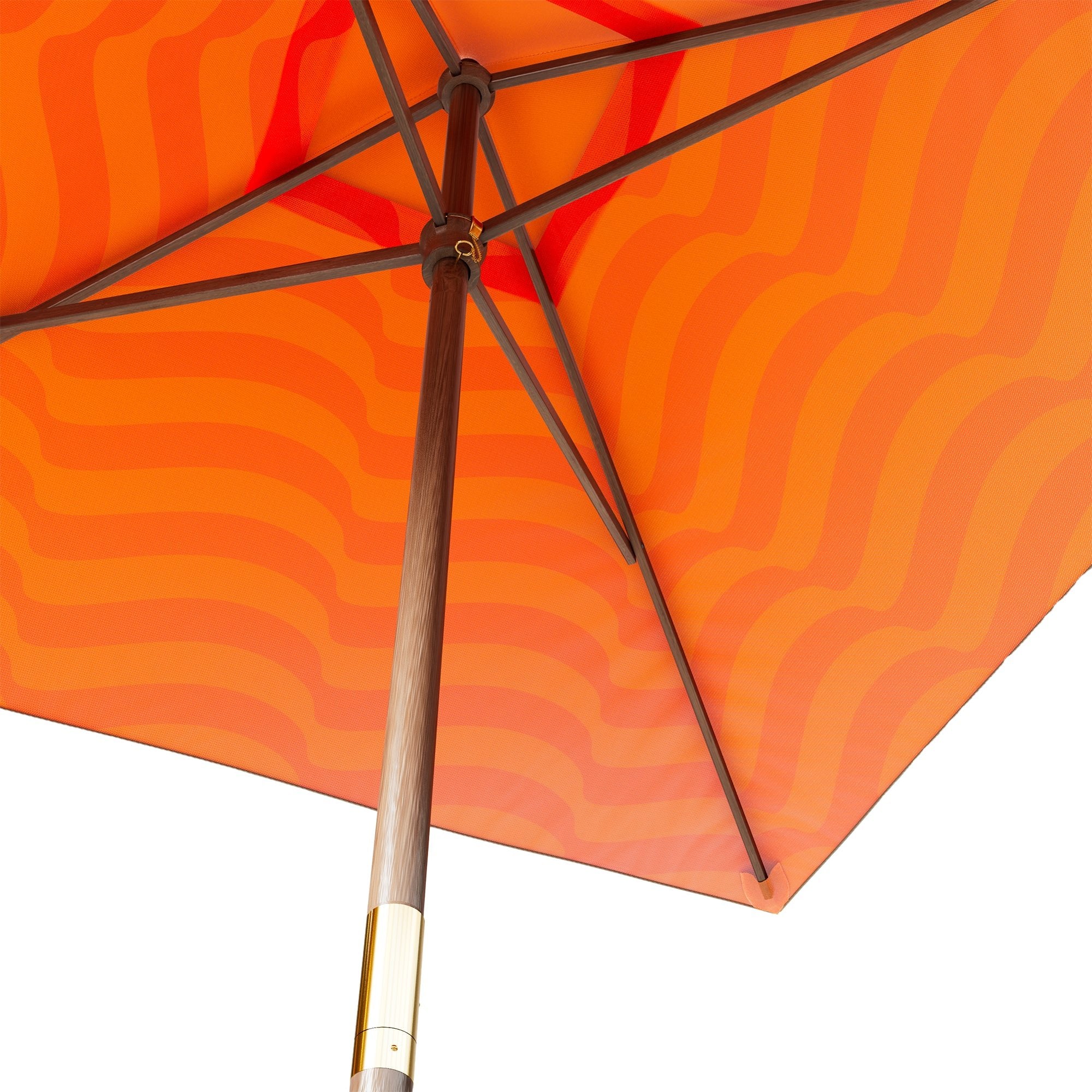 Orange Aperol patio umbrella with wavy pattern and wooden pole, viewed from underneath against white background