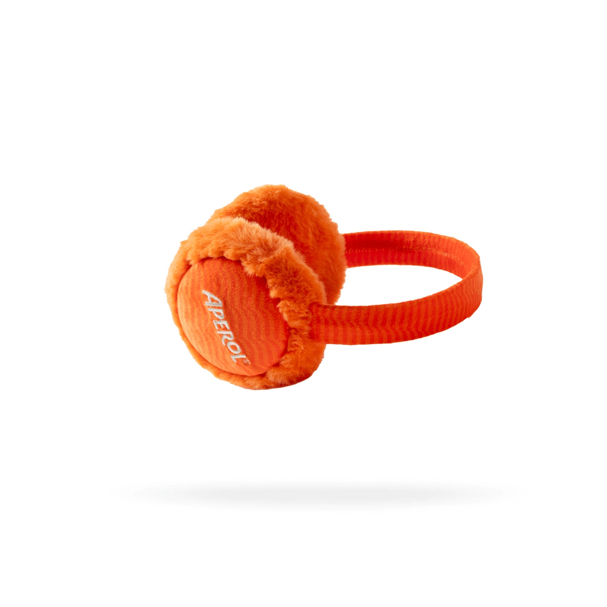 Bright orange Aperol-branded earmuffs with plush, fluffy padding and a soft, textured headband, designed for cozy winter warmth.