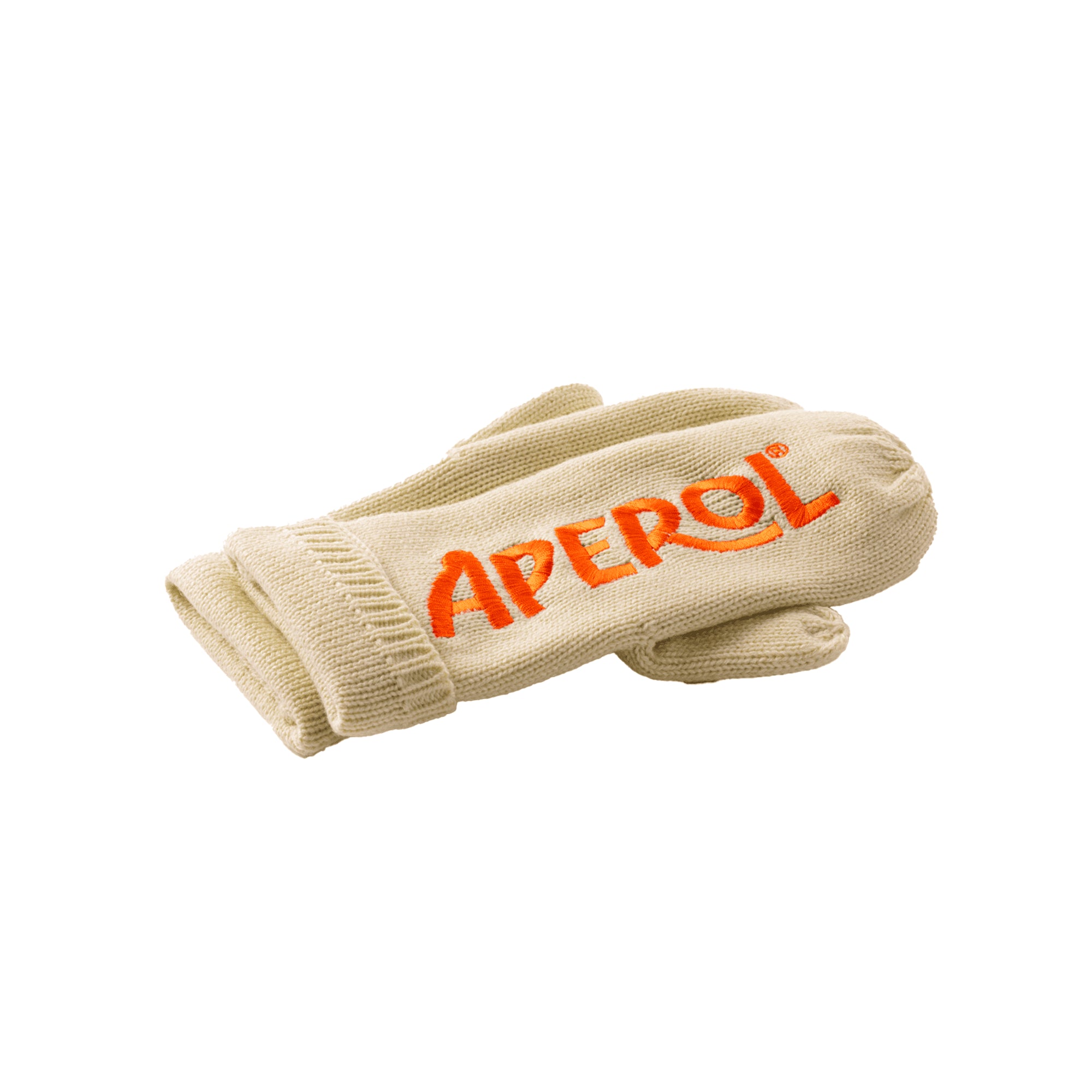 Pair of beige knit mittens with bold orange APEROL logo embroidered across the back, laid flat with one glove on top of the other.