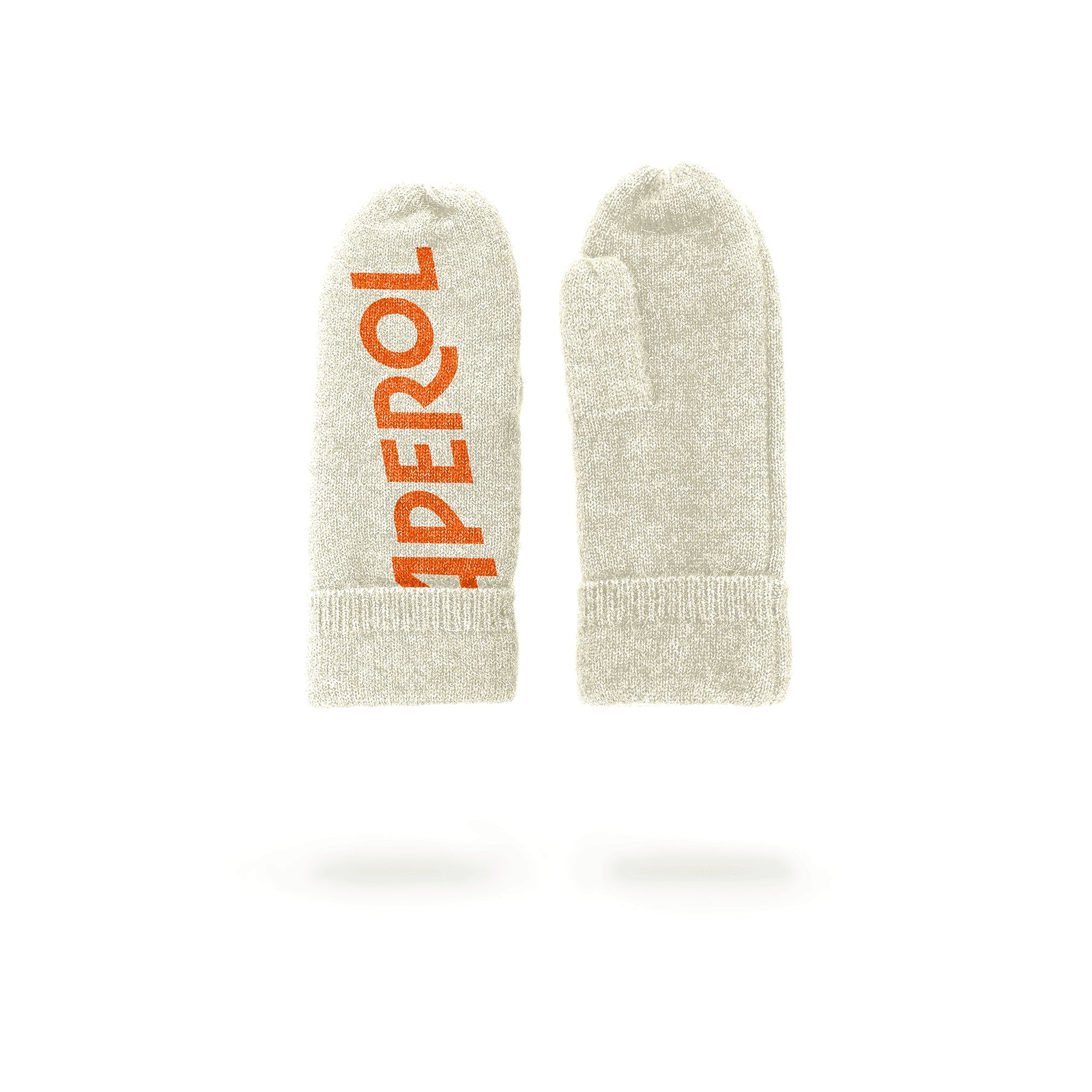 Pair of beige wool mittens with orange Aperol logo on one glove, displayed on a white background.