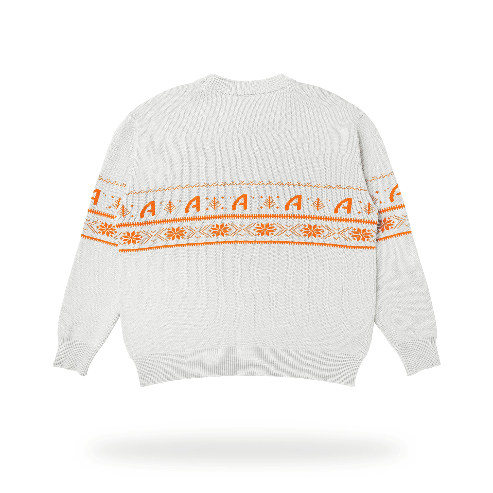 White knit jumper featuring orange Aperol-inspired festive patterns, including stylized 'A' motifs, snowflakes, and geometric designs across the chest and sleeves.