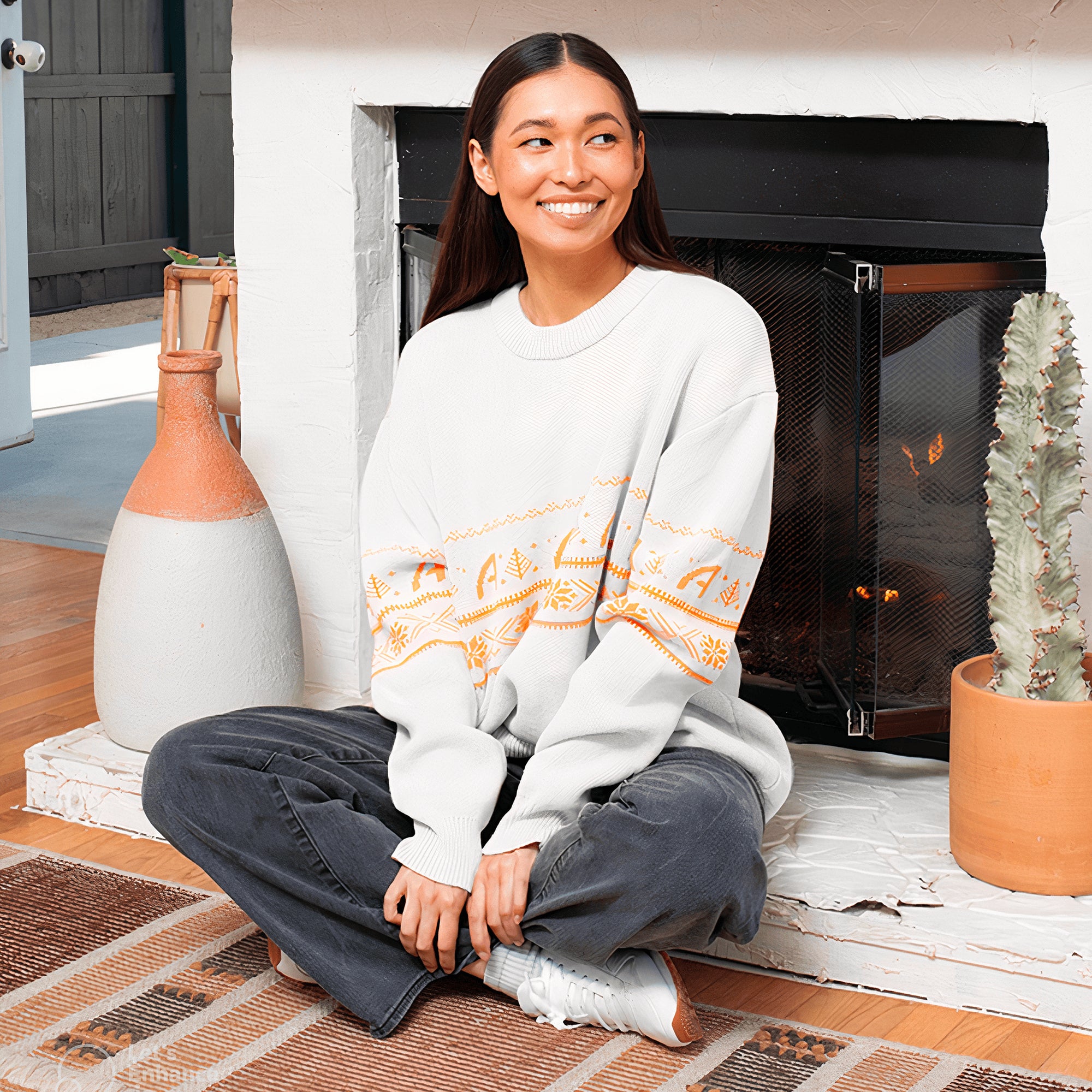 Woman sitting cross-legged in front of a fireplace, wearing a cozy white jumper with orange Aperol-themed patterns and smiling warmly.