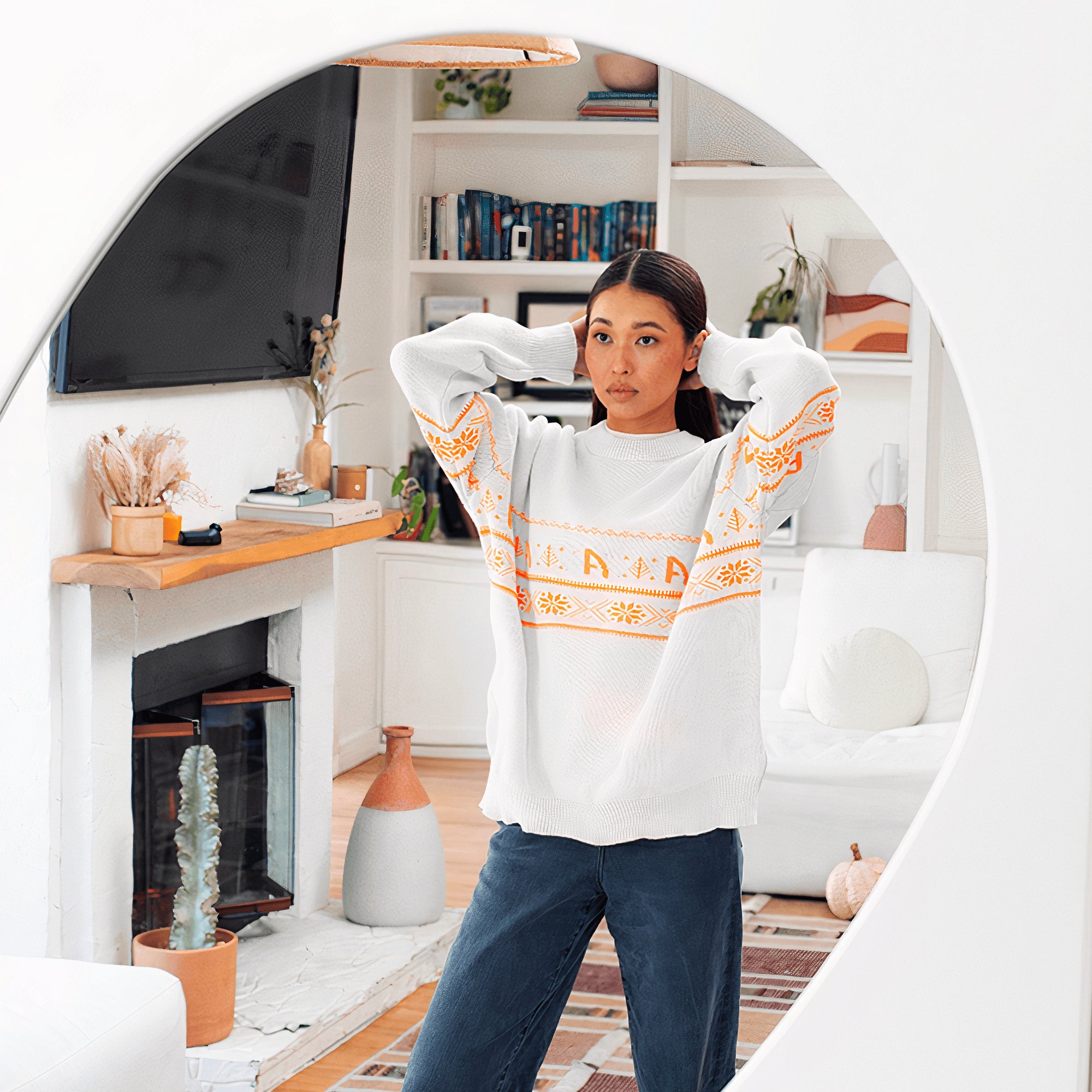 Woman adjusting her hair while standing in a modern, cozy living room, wearing a white jumper with orange Aperol-themed festive patterns.